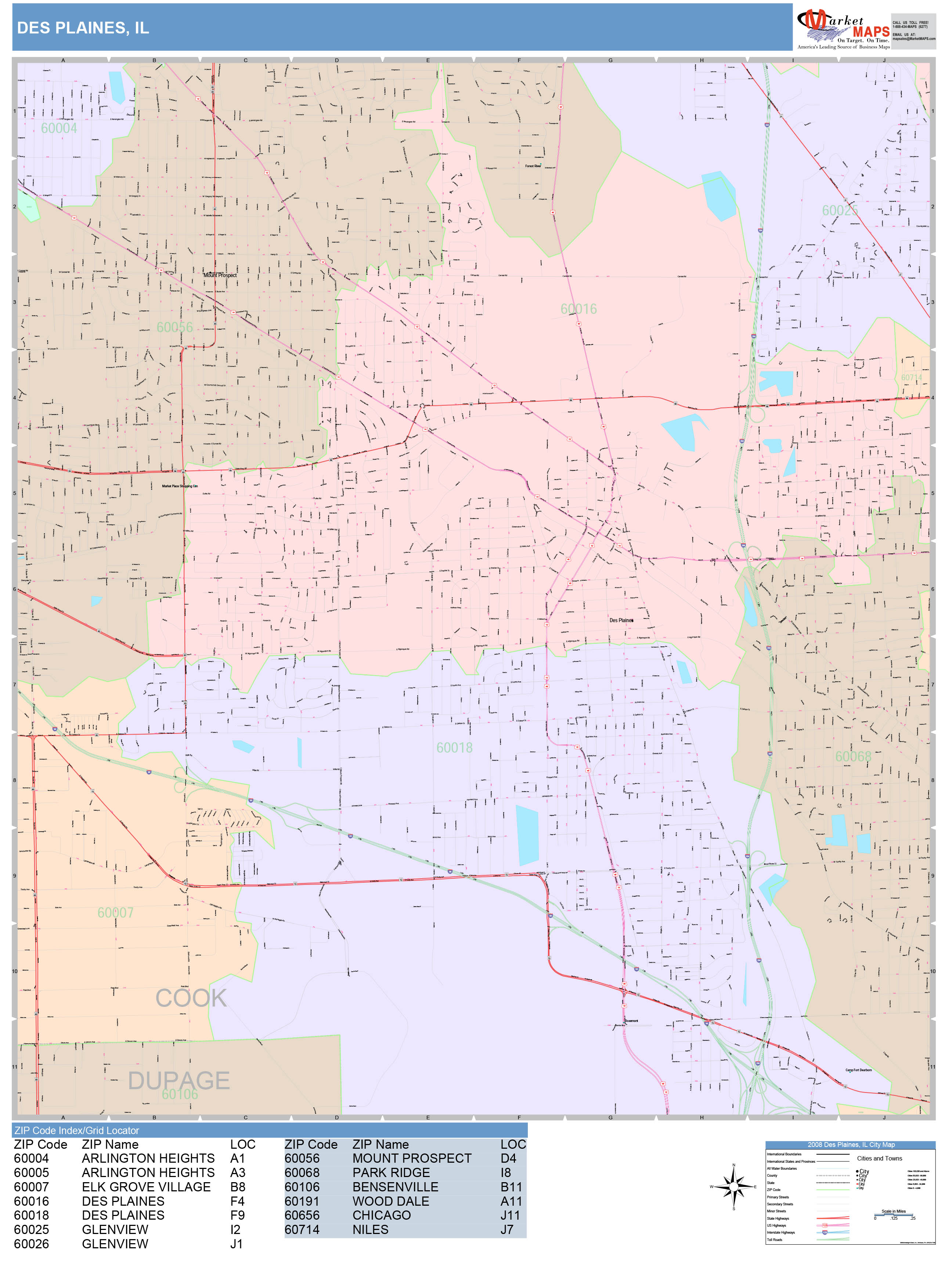 Des Plaines Illinois Wall Map (Color Cast Style) by MarketMAPS ...