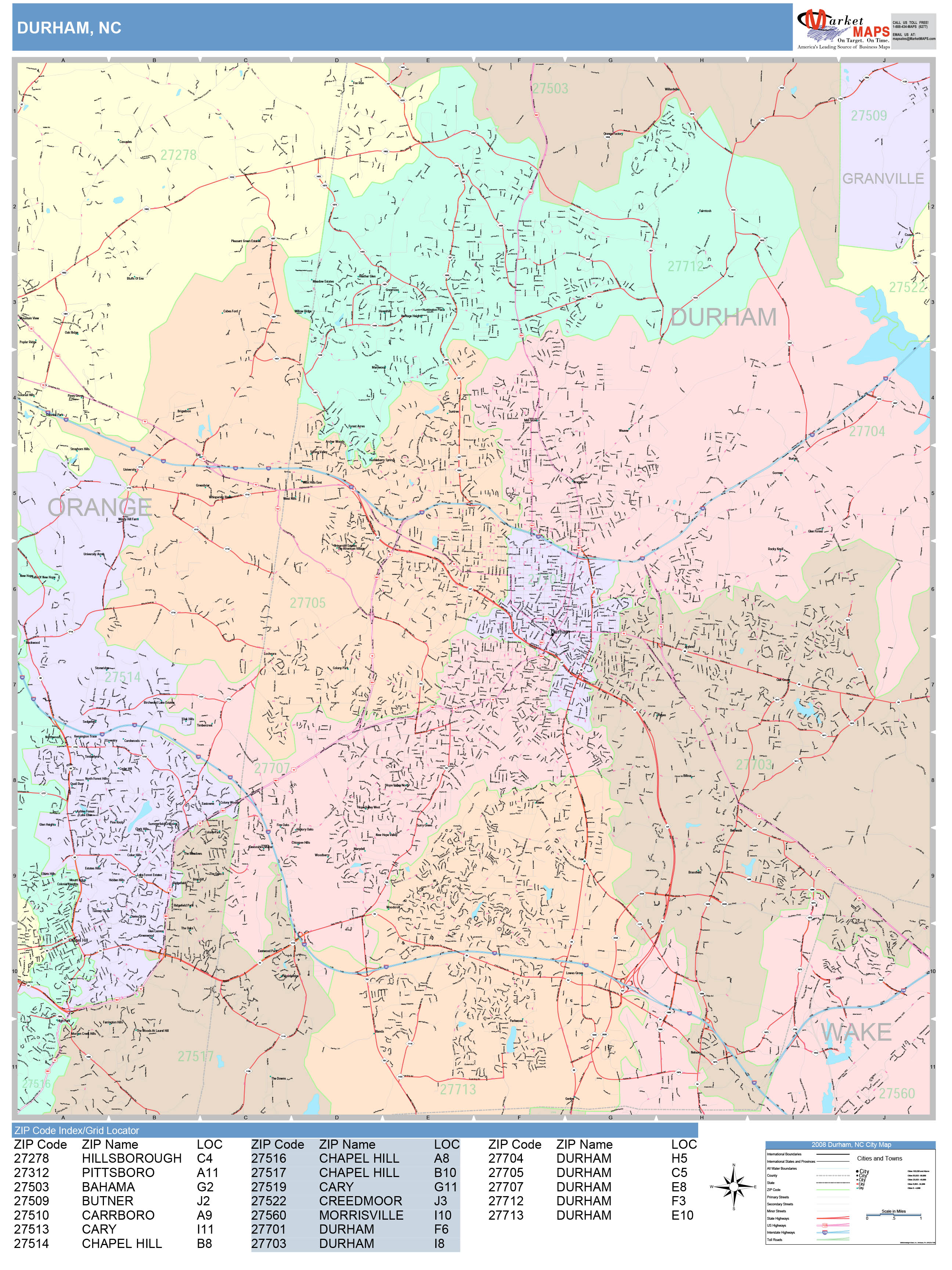 Durham North Carolina Wall Map (color Cast Style) By Marketmaps - Mapsales