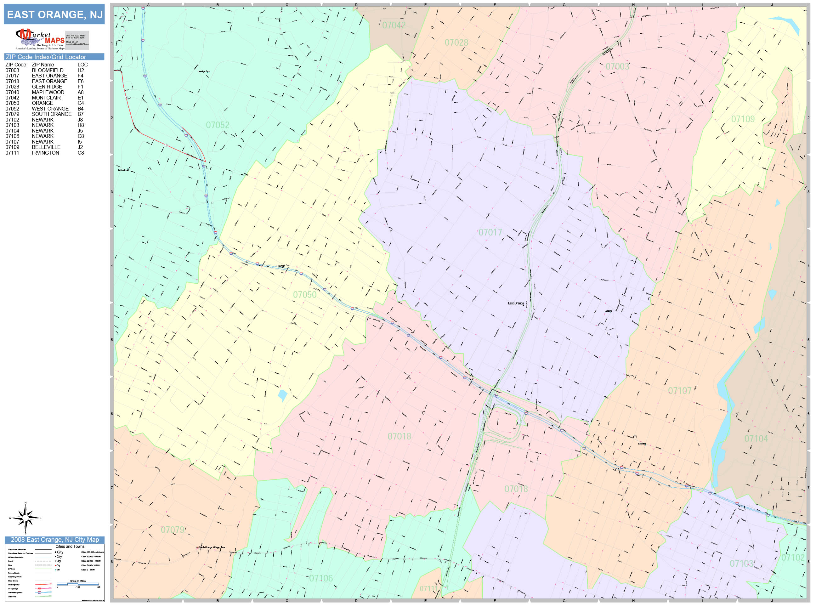 East Orange New Jersey Wall Map (Color Cast Style) by MarketMAPS