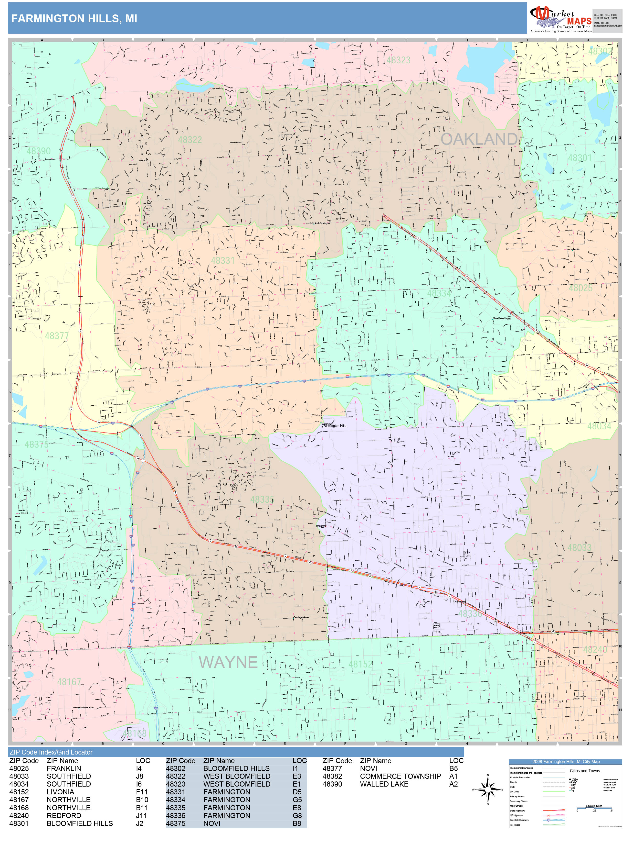 Farmington Hills Michigan Wall Map (Color Cast Style) by MarketMAPS ...