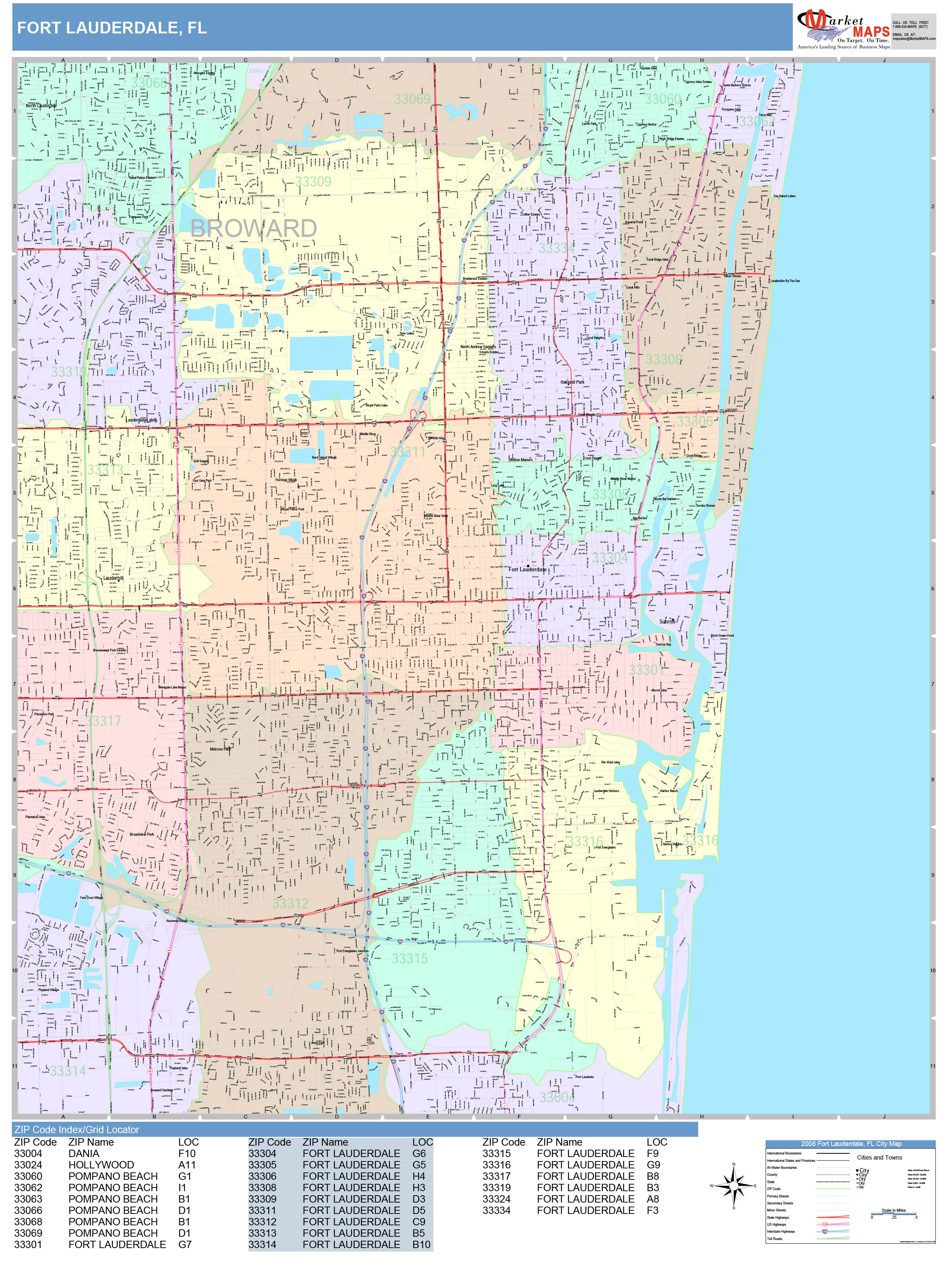 Fort Lauderdale Florida Wall Map (Color Cast Style) by MarketMAPS