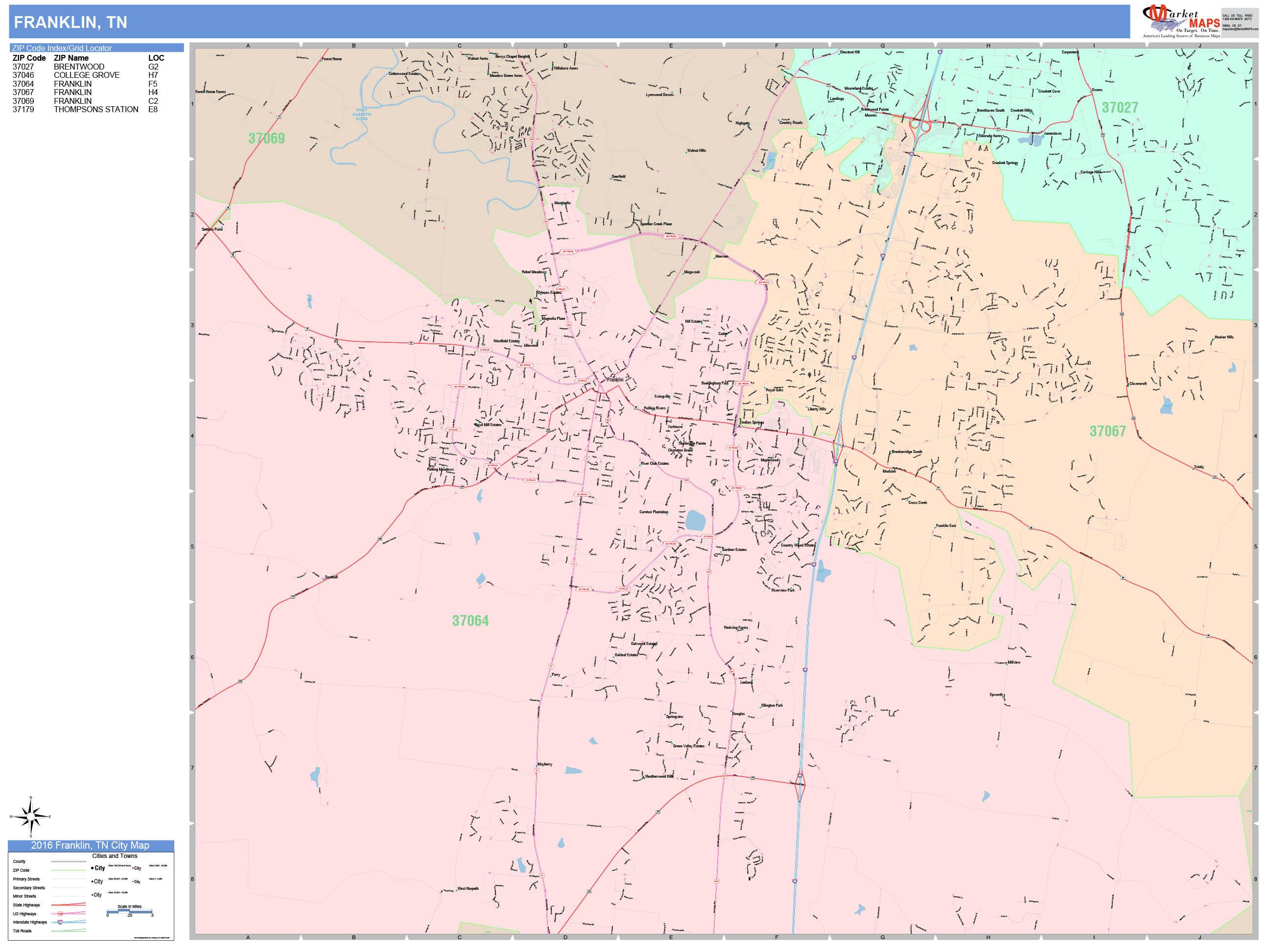 Franklin Tennessee Wall Map Color Cast Style By MarketMAPS MapSales   Franklin TN 