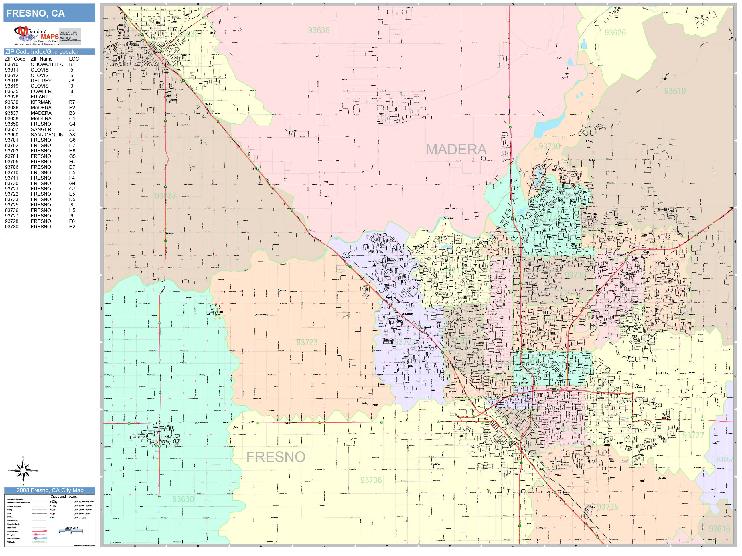 Fresno California Wall Map (Color Cast Style) by MarketMAPS - MapSales.com