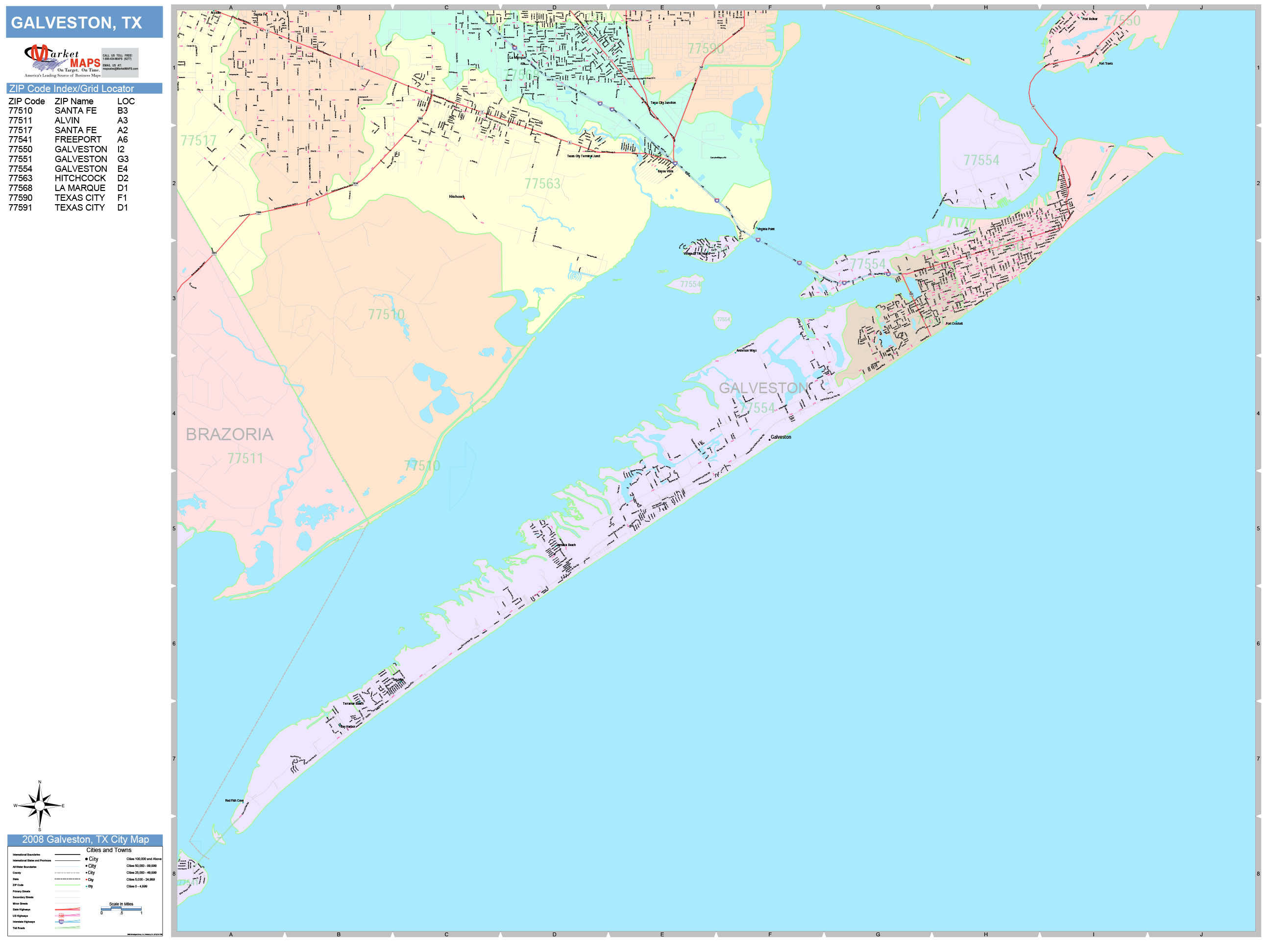 Galveston Texas Wall Map (Color Cast Style) by MarketMAPS