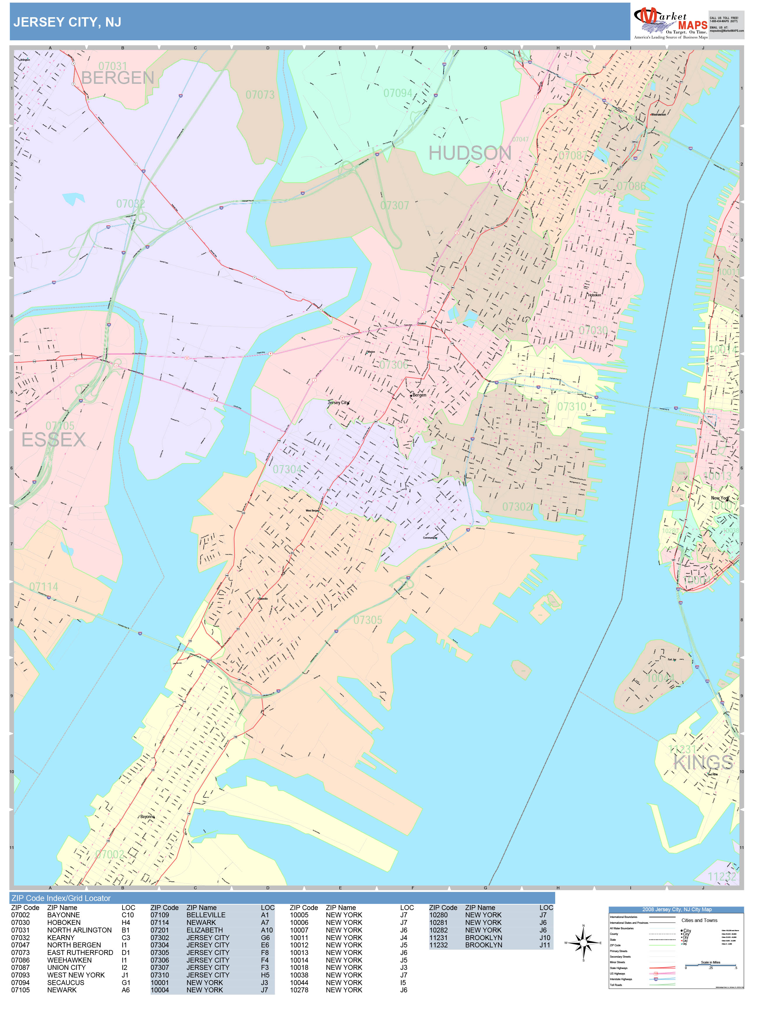 Jersey City New Jersey Wall Map (Color Cast Style) by MarketMAPS