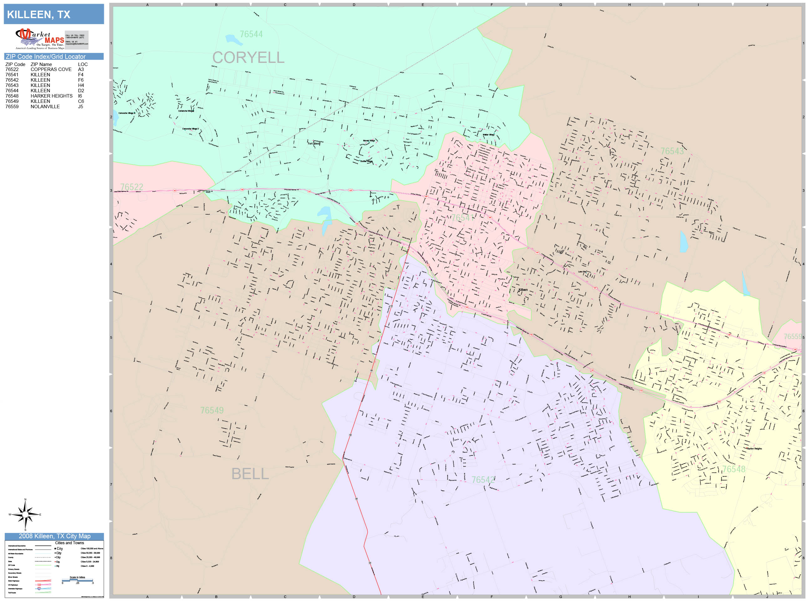 Killeen Texas Wall Map (Color Cast Style) by MarketMAPS - MapSales.com