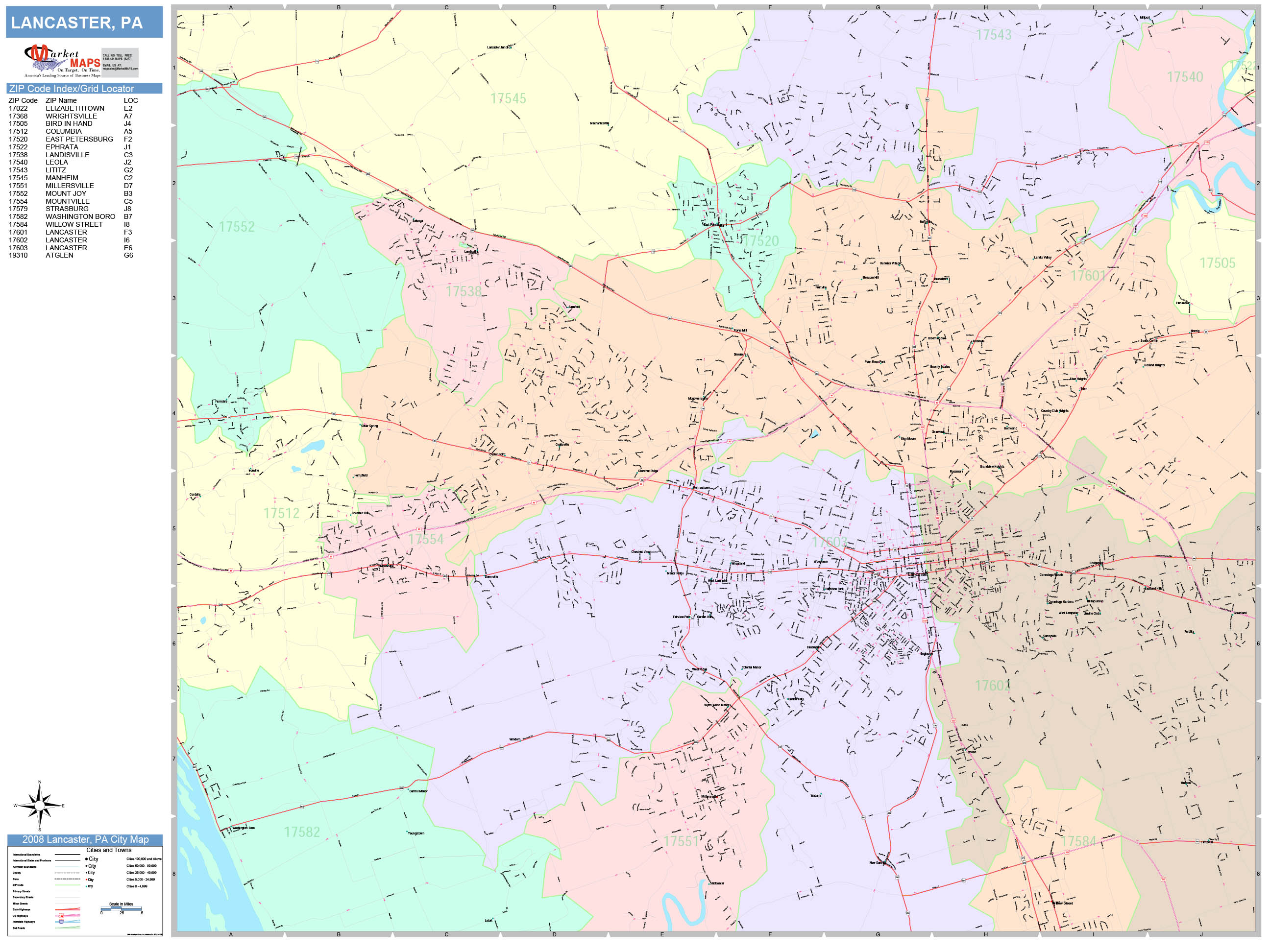 Lancaster Pennsylvania Wall Map Color Cast Style By Marketmaps 8941