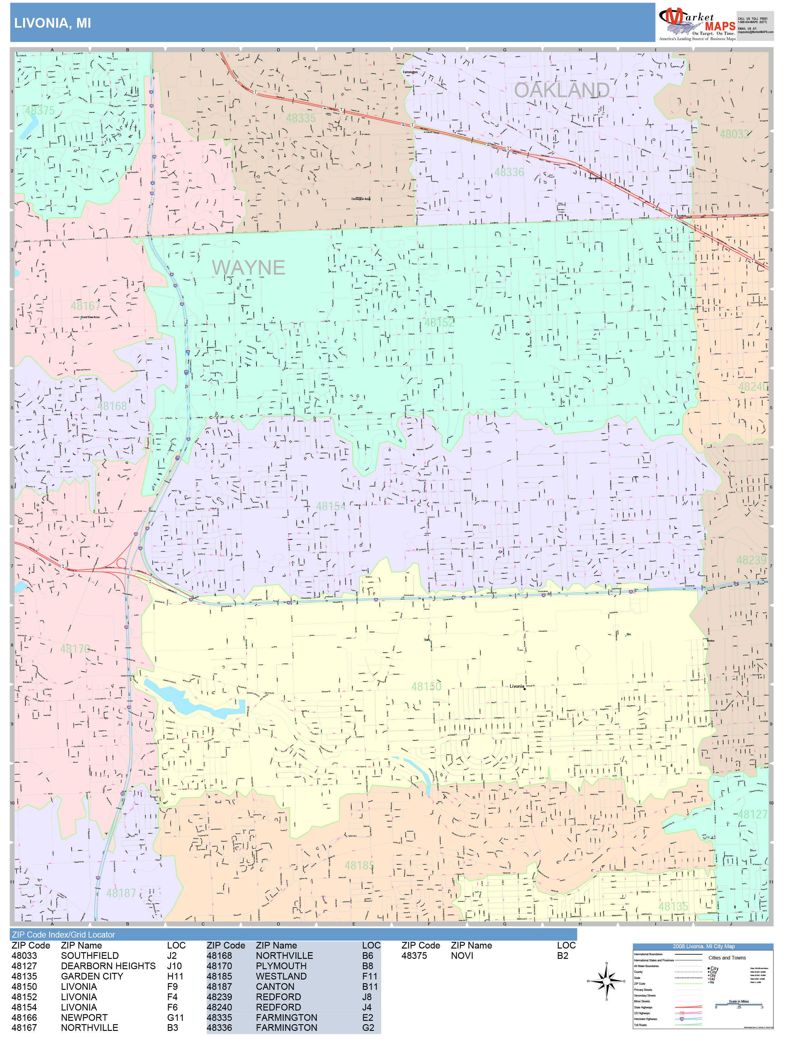 Livonia Michigan Wall Map (Color Cast Style) by MarketMAPS - MapSales.com