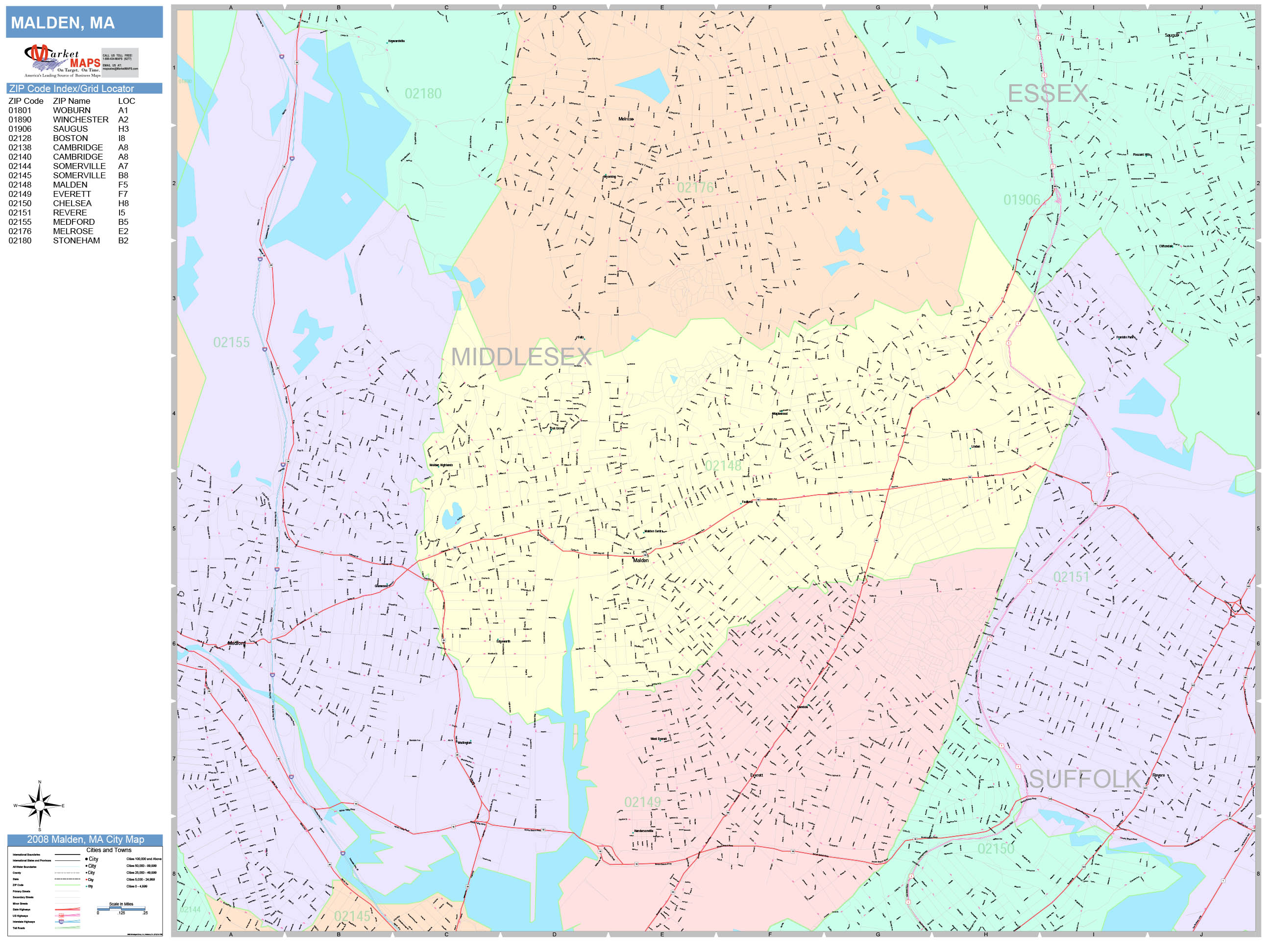 Malden Massachusetts Wall Map (Color Cast Style) by MarketMAPS 