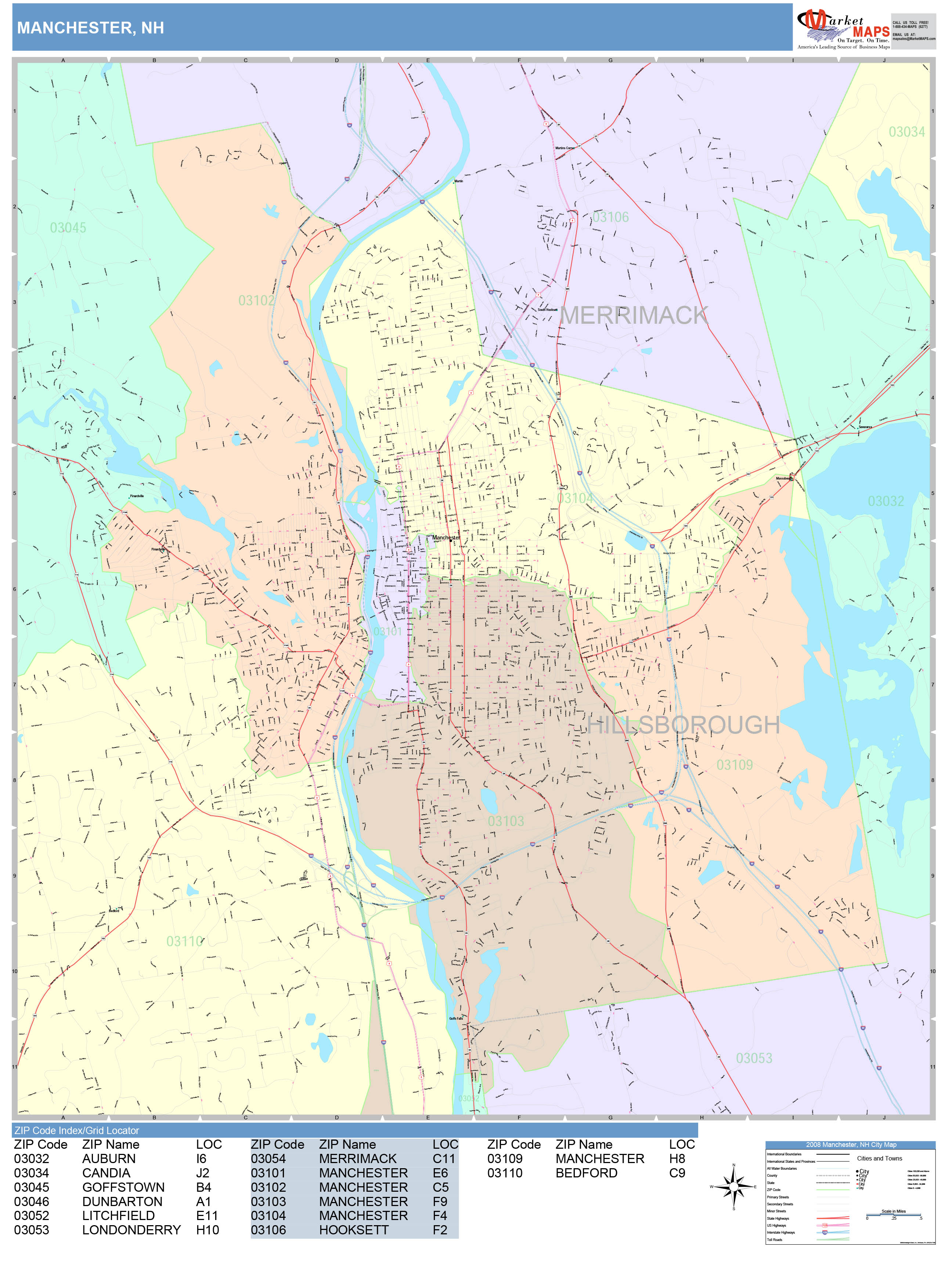 Manchester New Hampshire Wall Map (Color Cast Style) by MarketMAPS ...