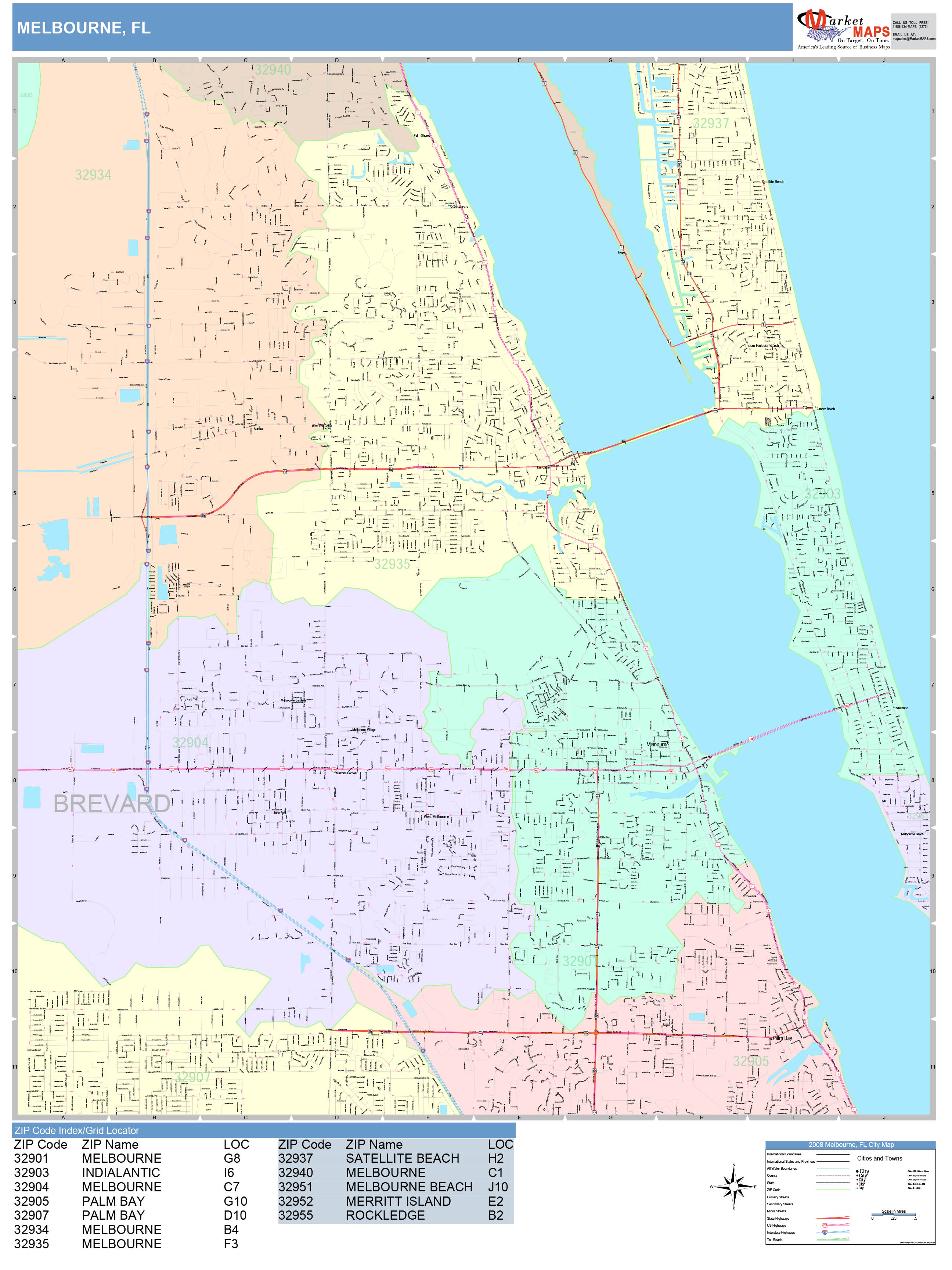 Melbourne Florida Wall Map (Color Cast Style) by MarketMAPS