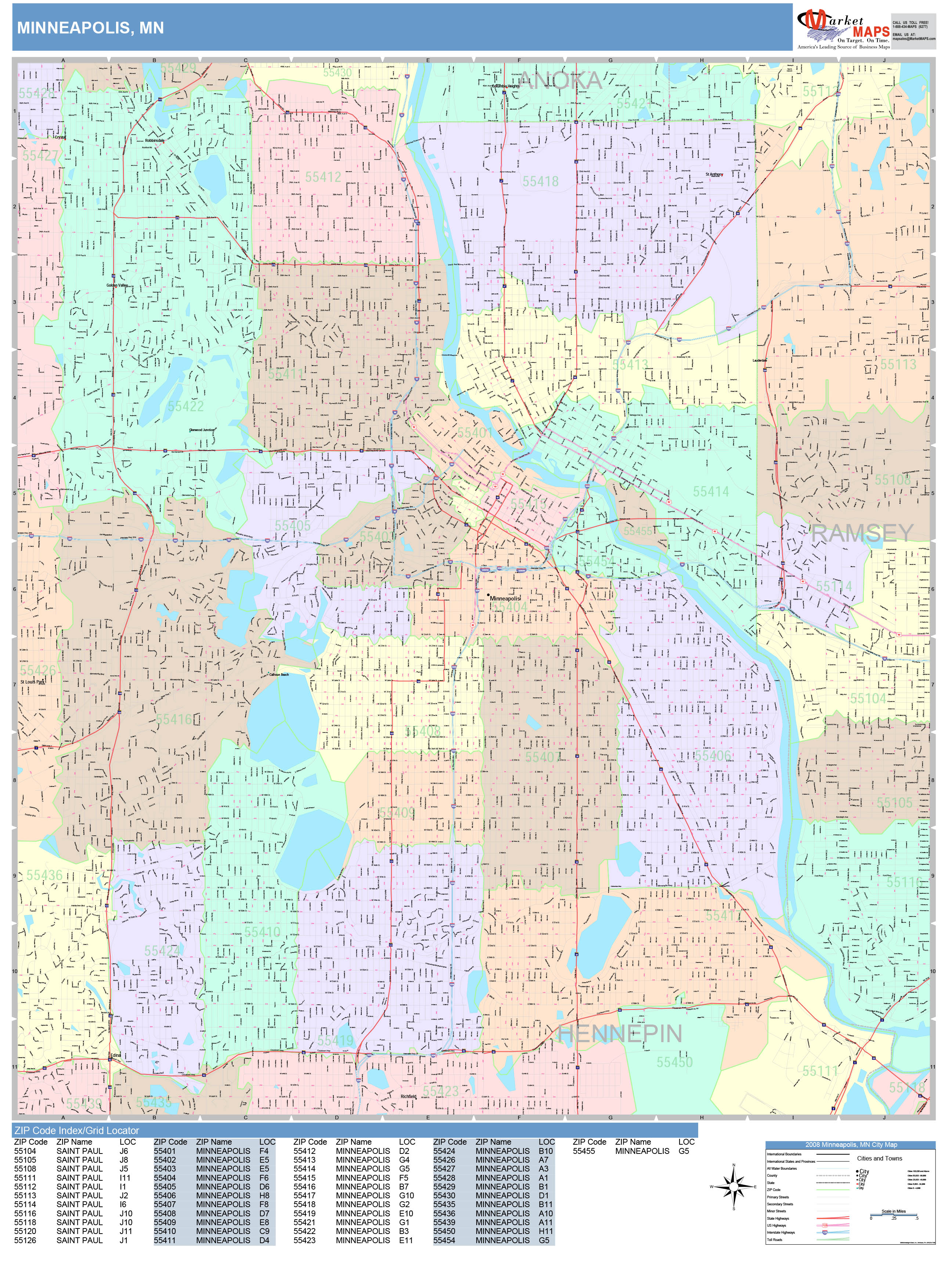 Minneapolis Minnesota Wall Map (Color Cast Style) by MarketMAPS - MapSales