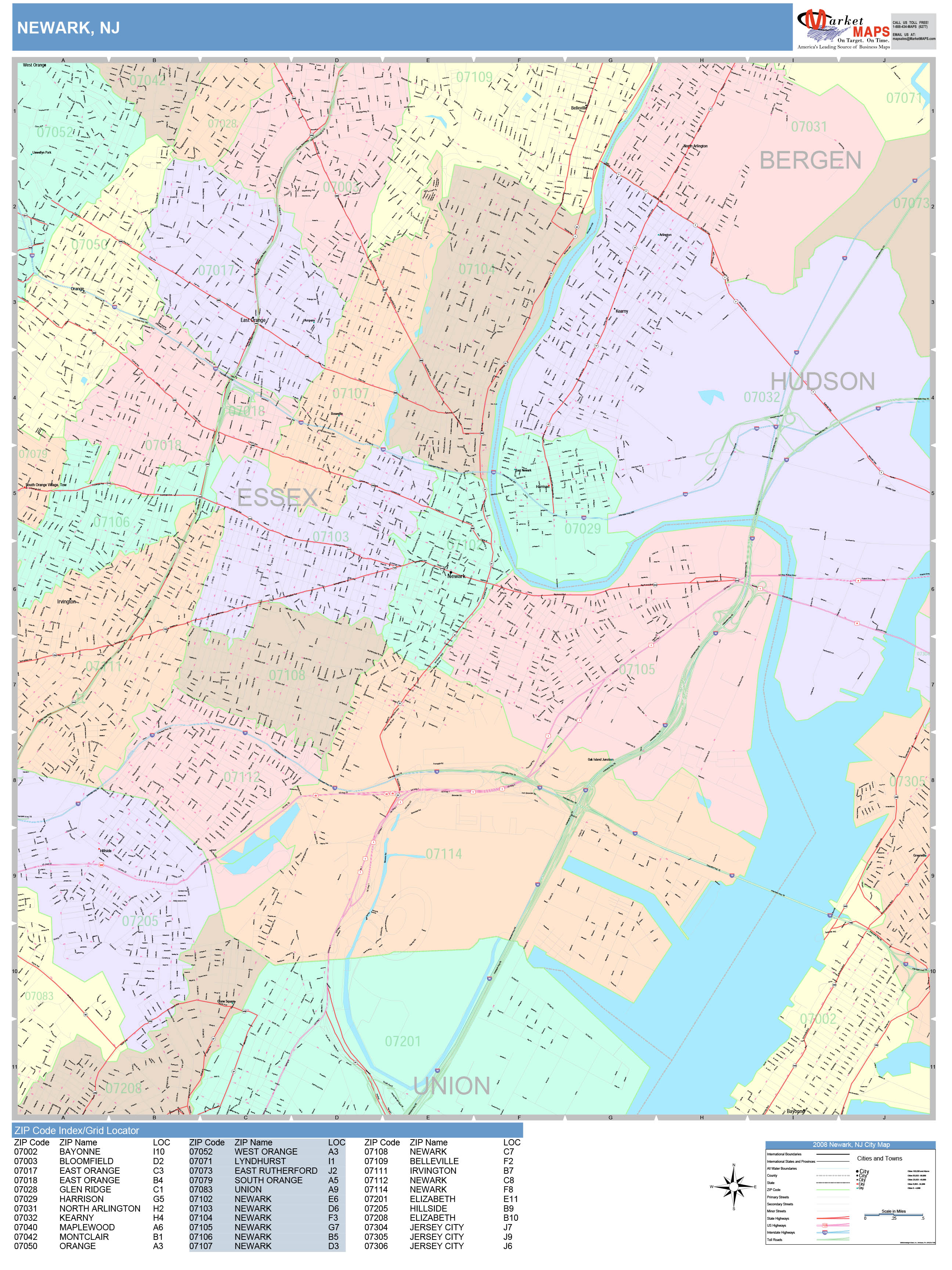 Newark New Jersey Wall Map (Color Cast Style) by MarketMAPS - MapSales.com