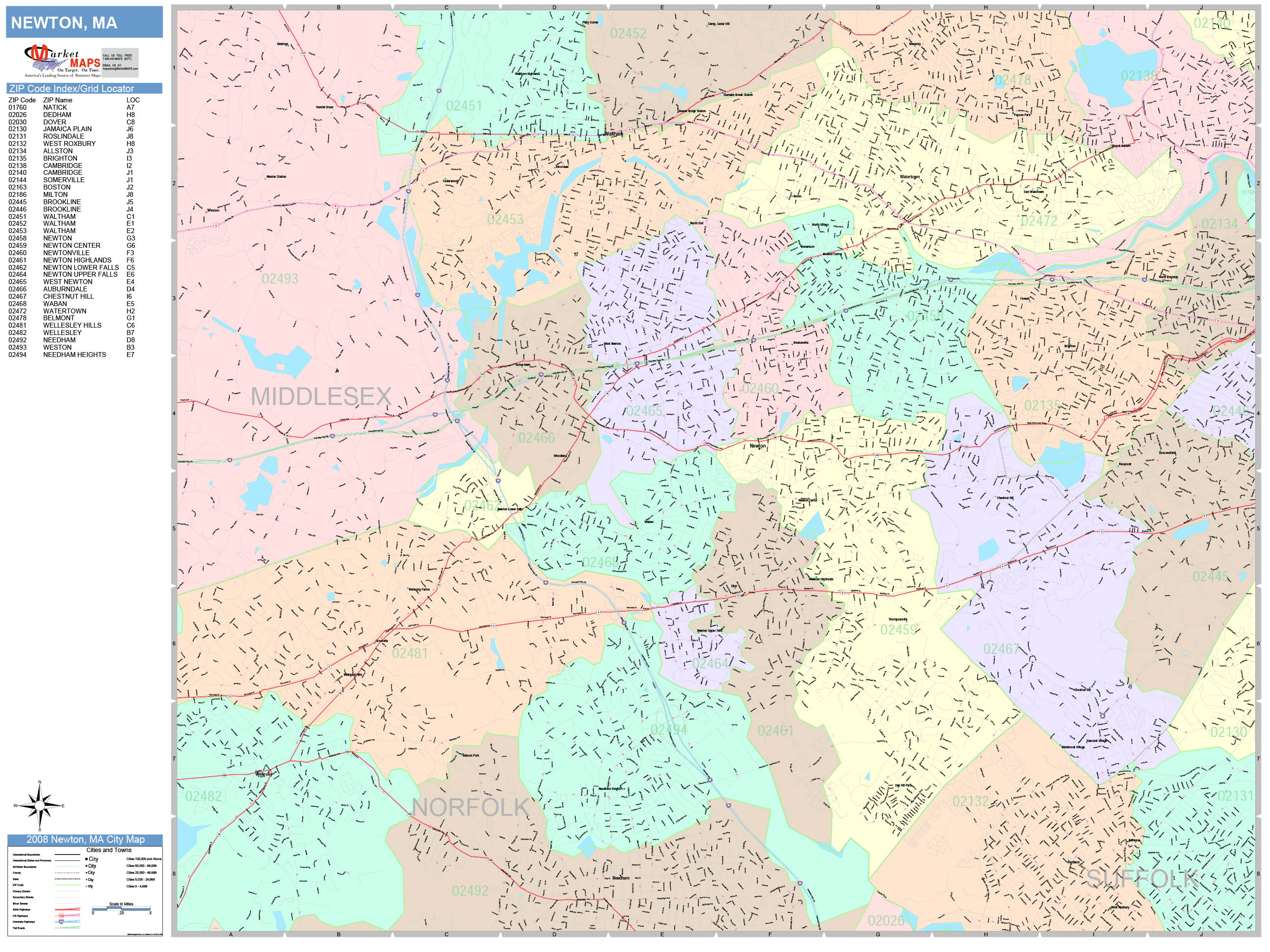 Newton Massachusetts Wall Map (color Cast Style) By Marketmaps