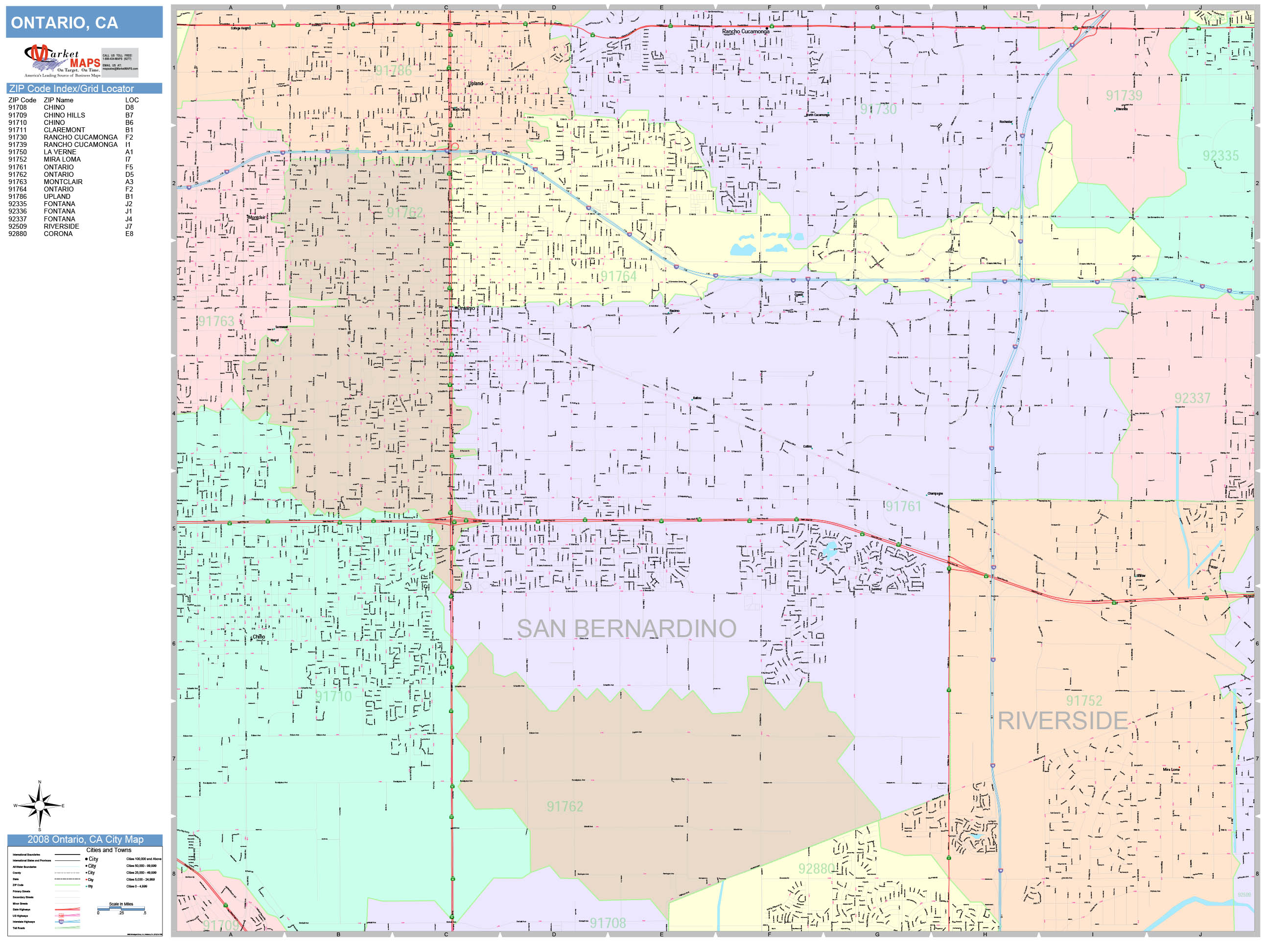 Ontario California Wall Map (Color Cast Style) by MarketMAPS - MapSales.com