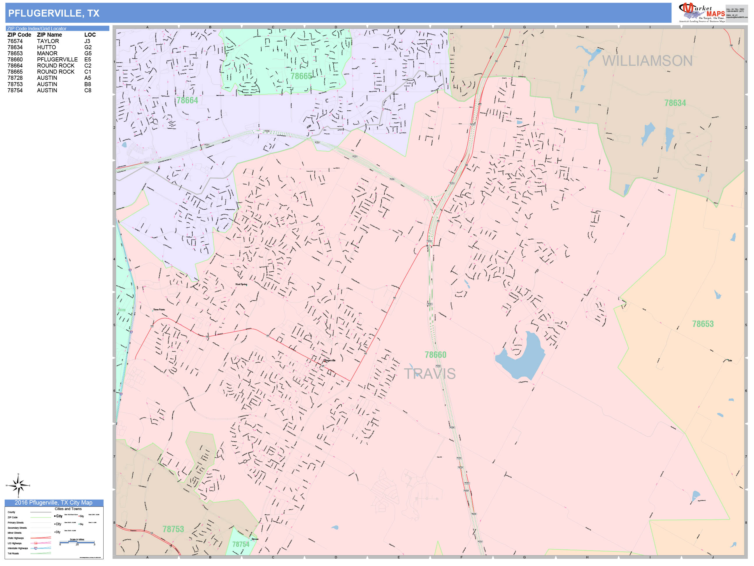 Pflugerville Texas Wall Map (Color Cast Style) by MarketMAPS - MapSales.com