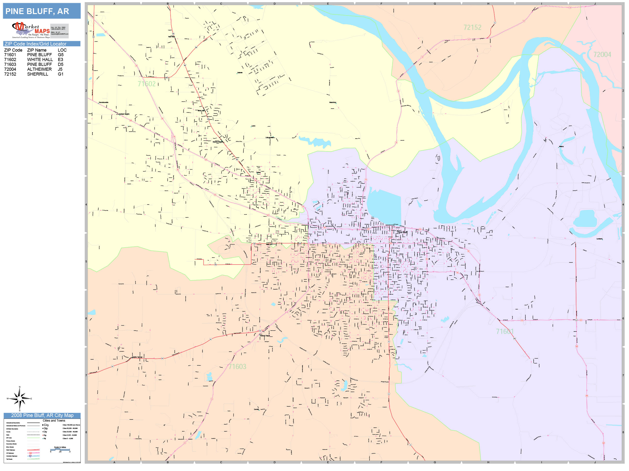 Pine Bluff Arkansas Wall Map (Color Cast Style) by MarketMAPS