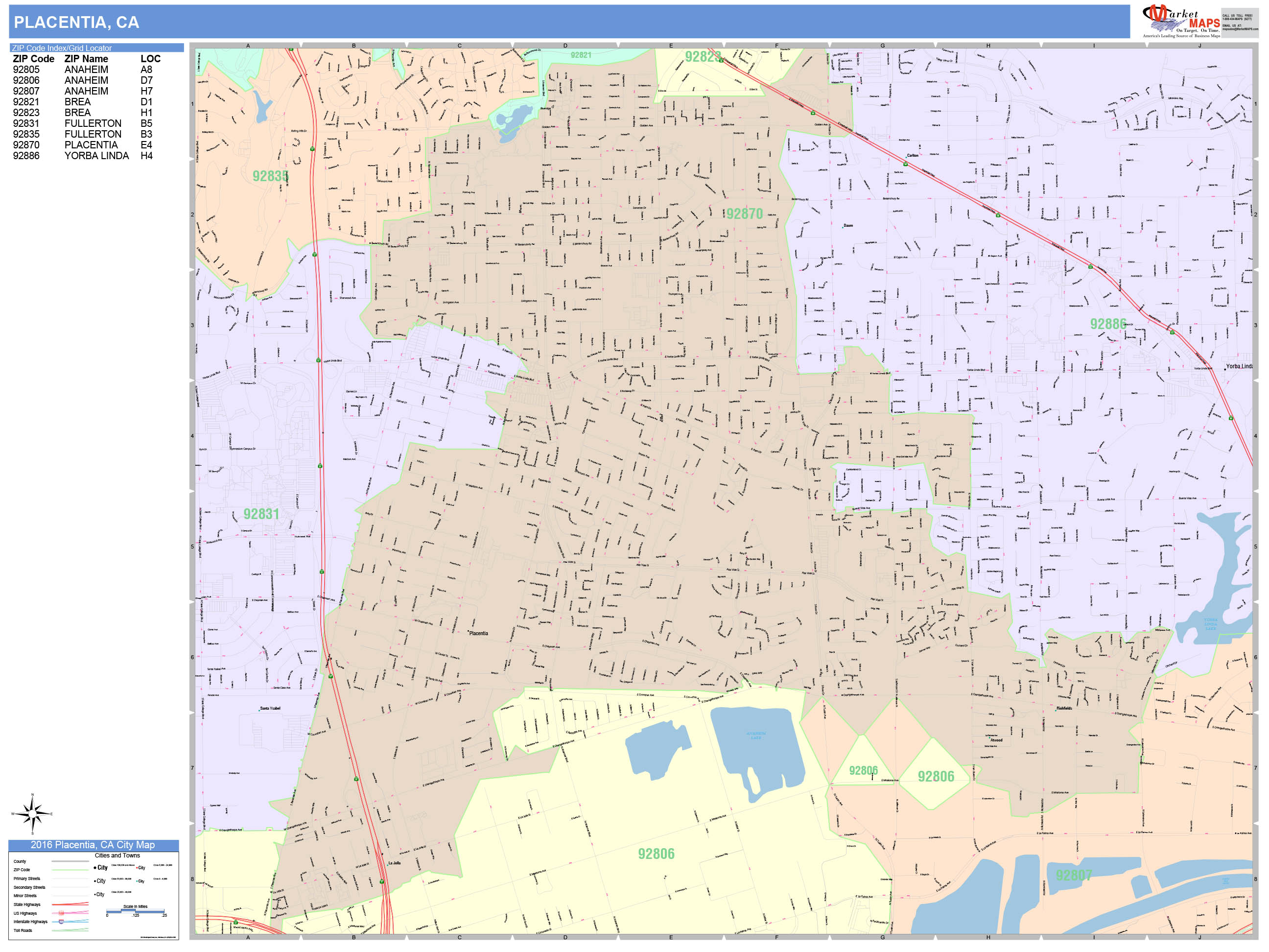 Placentia California Wall Map (Color Cast Style) by MarketMAPS ...