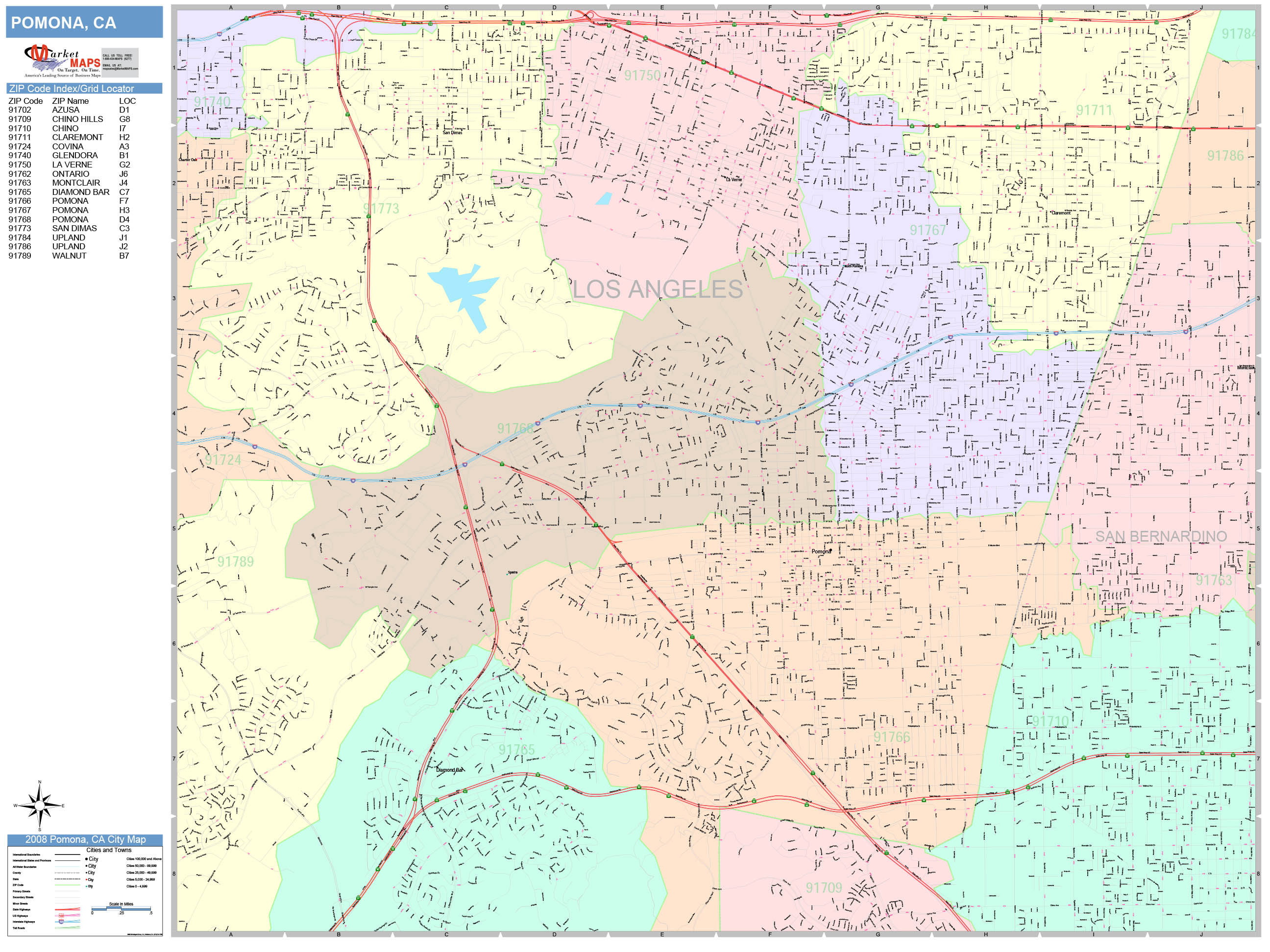 Pomona California Wall Map (Color Cast Style) by MarketMAPS - MapSales