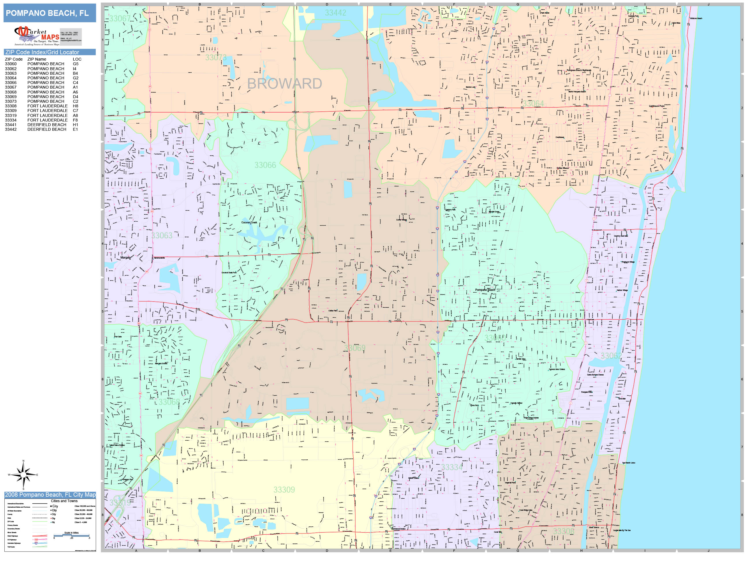 Pompano Beach Florida Wall Map (Color Cast Style) by MarketMAPS