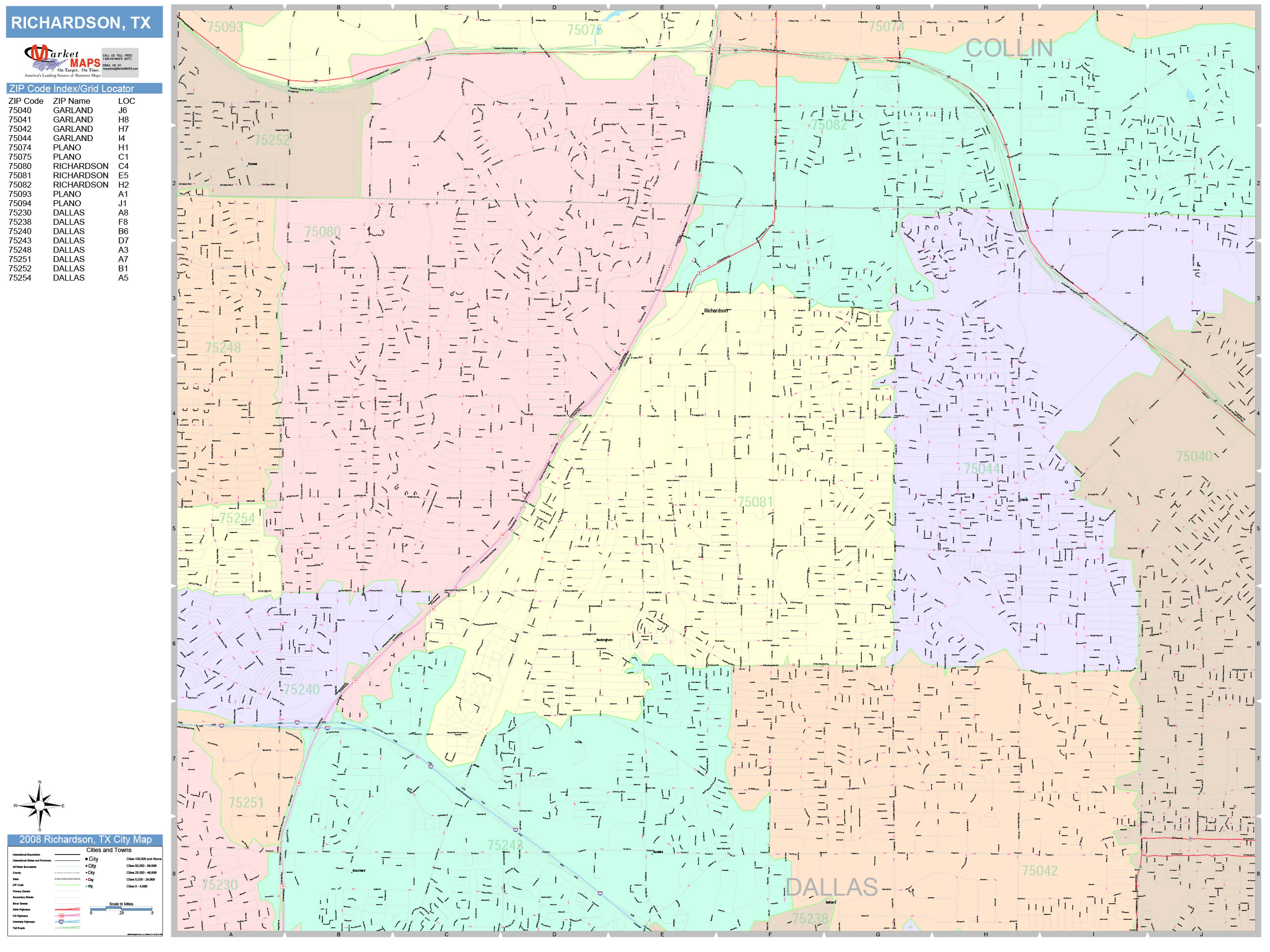 Richardson Texas Wall Map (Color Cast Style) by MarketMAPS - MapSales.com