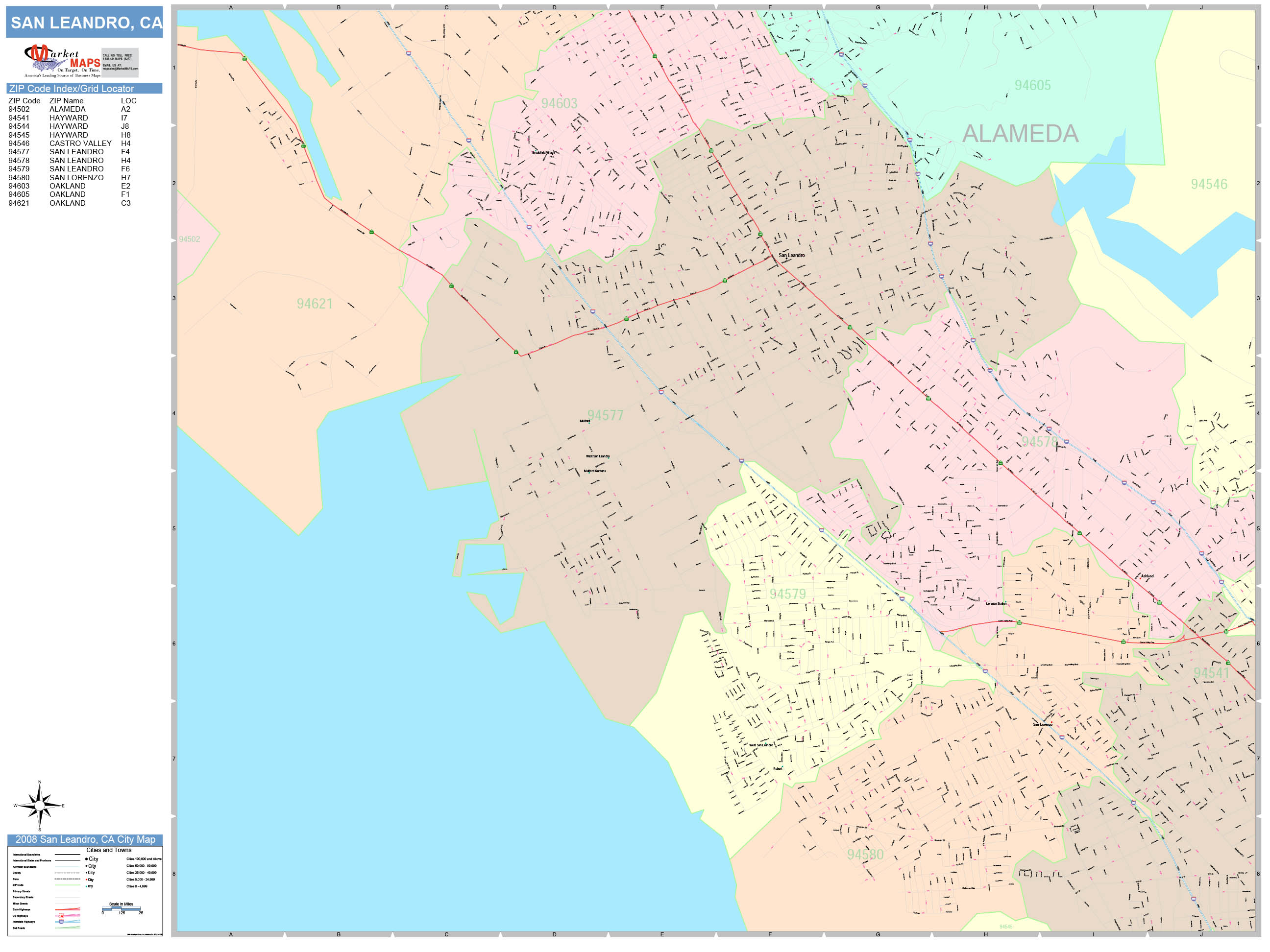 San Leandro California Wall Map (Color Cast Style) by MarketMAPS