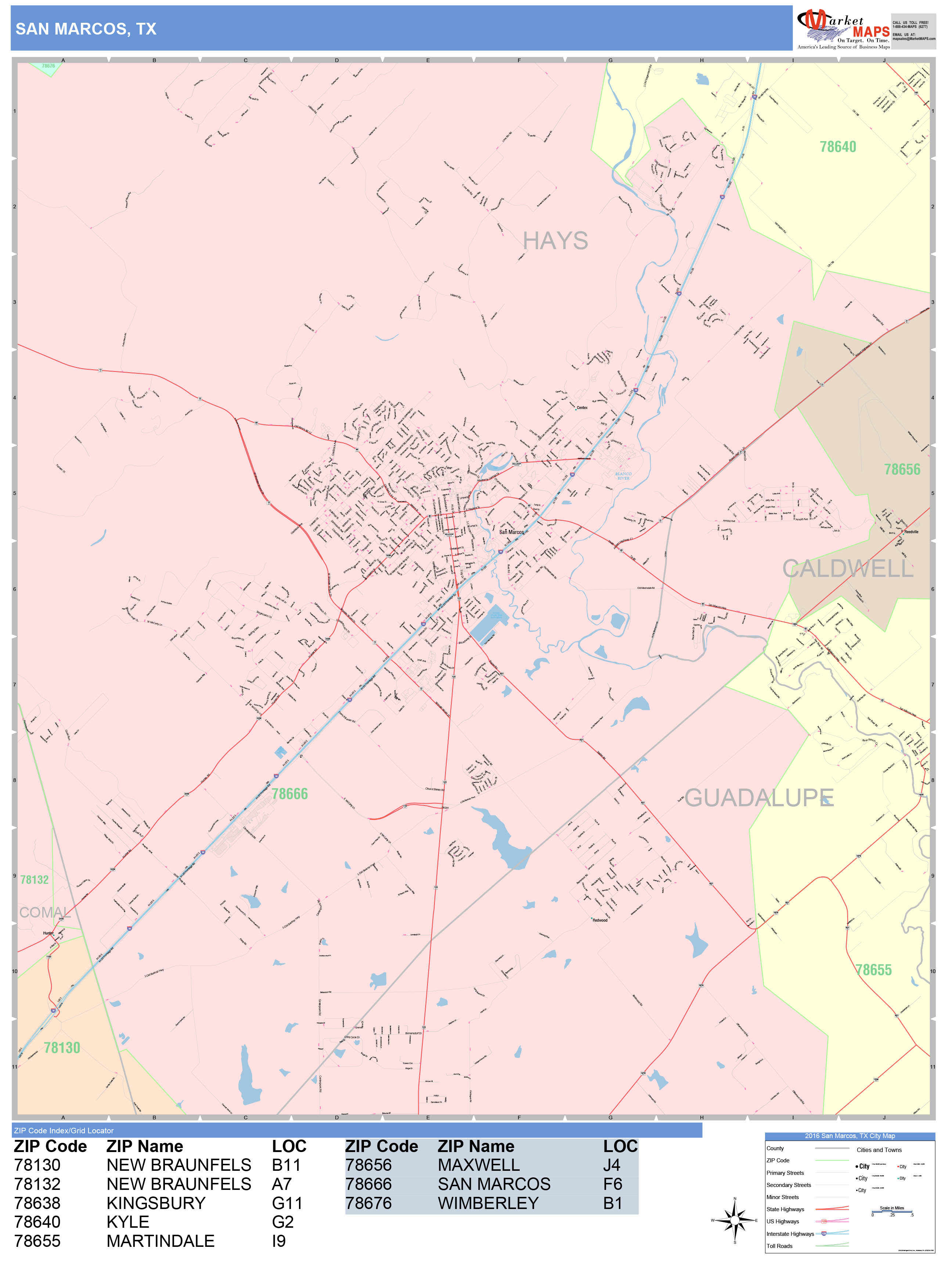 San Marcos Texas Wall Map Color Cast Style By Marketmaps Mapsales 3824