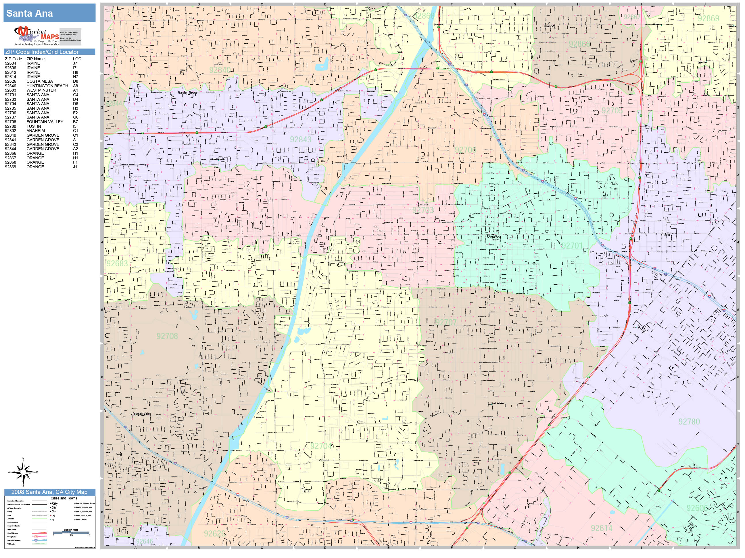 Santa Ana California Wall Map (Color Cast Style) by MarketMAPS