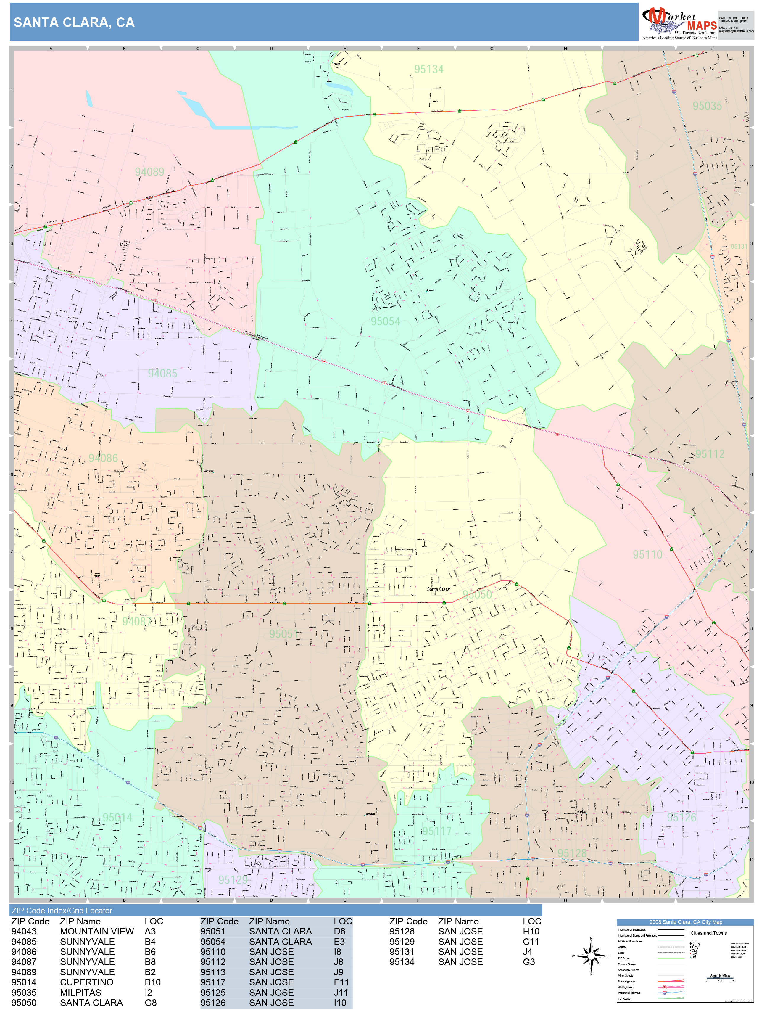 Santa Clara California Wall Map (Color Cast Style) by MarketMAPS