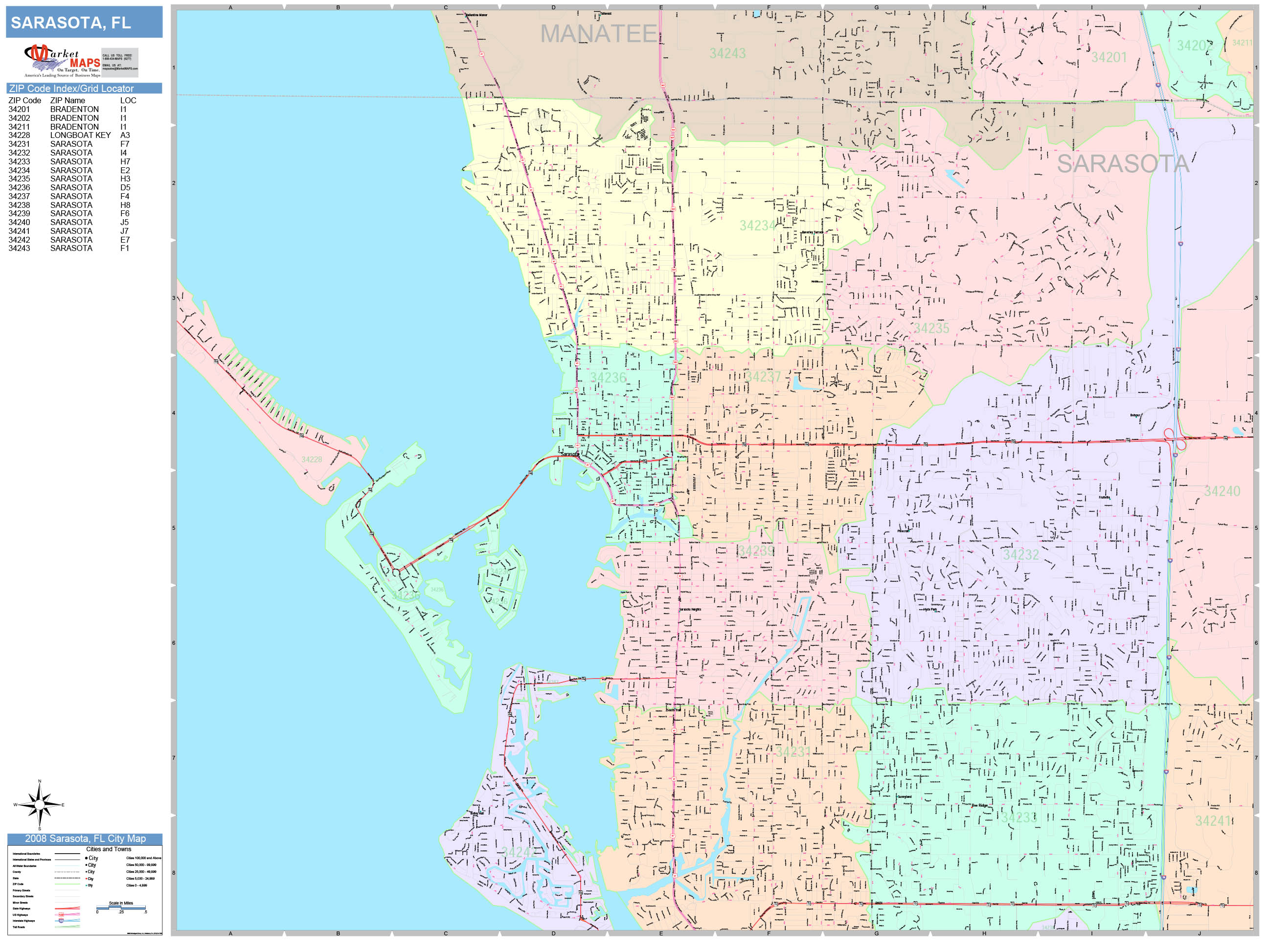 Sarasota Florida Wall Map (Color Cast Style) by MarketMAPS - MapSales.com