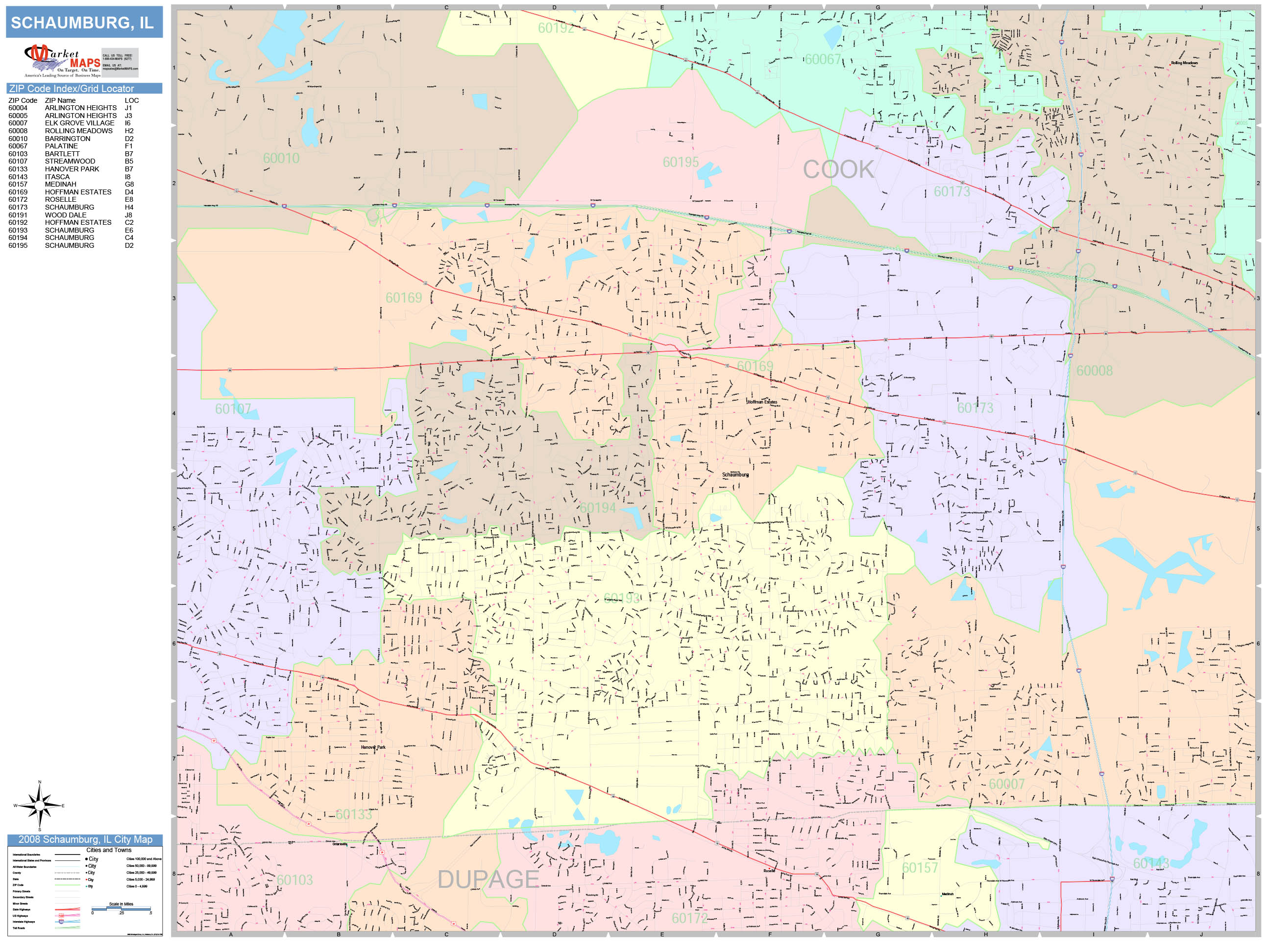 Schaumburg Illinois Wall Map (Color Cast Style) by MarketMAPS