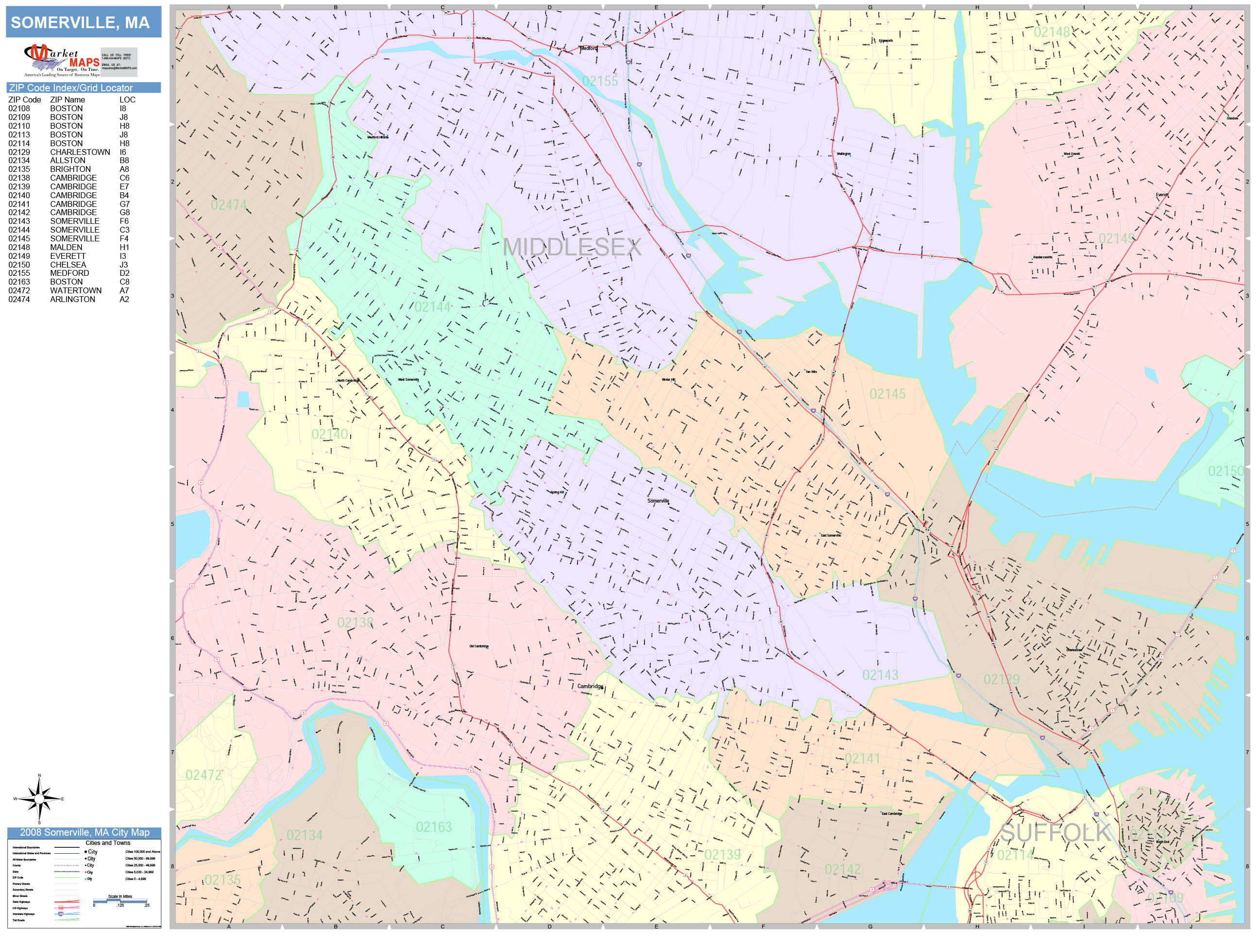 Somerville Massachusetts Wall Map Color Cast Style By MarketMAPS   Somerville MA 