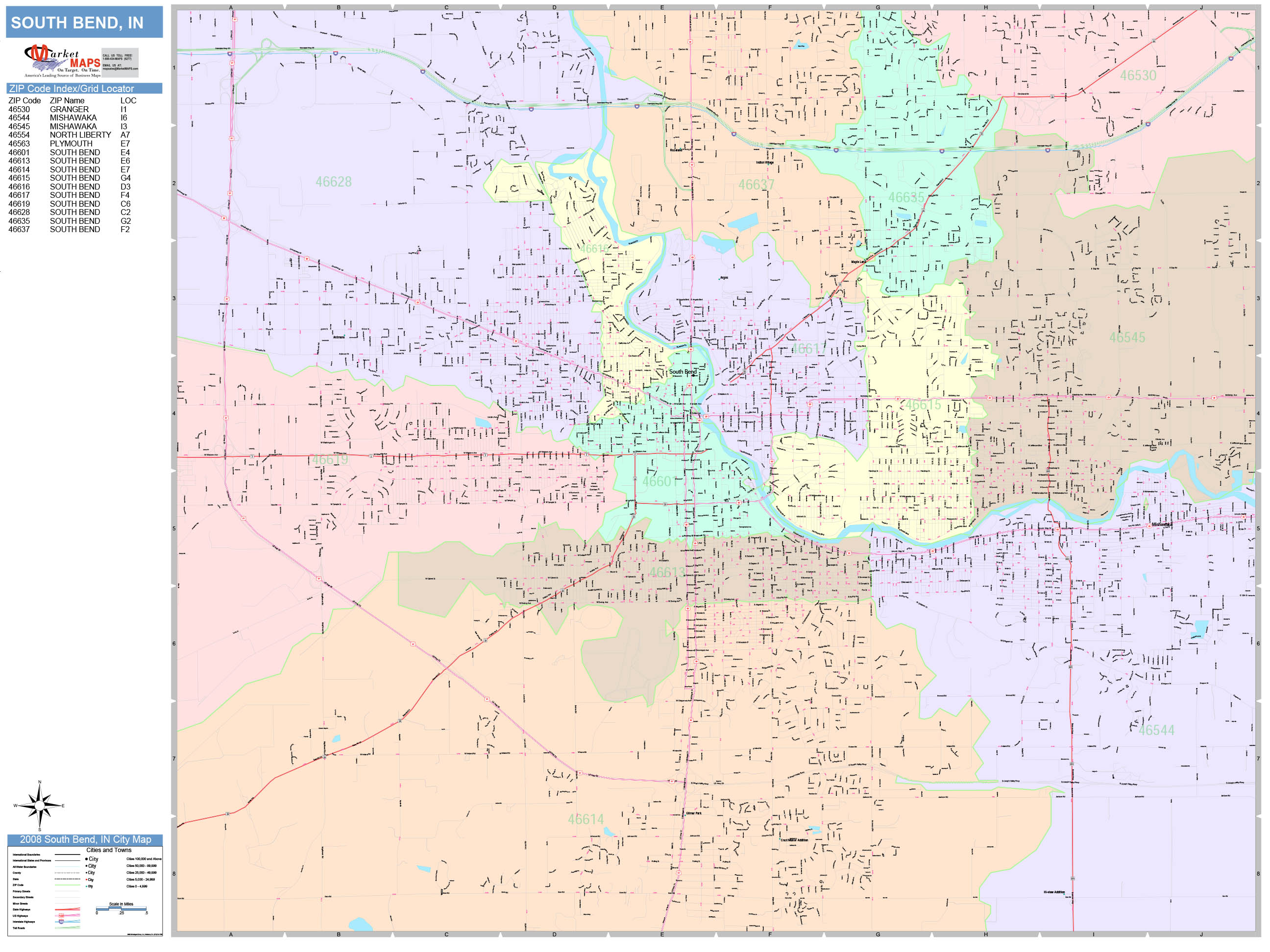 South Bend Indiana Wall Map (Color Cast Style) by MarketMAPS - MapSales