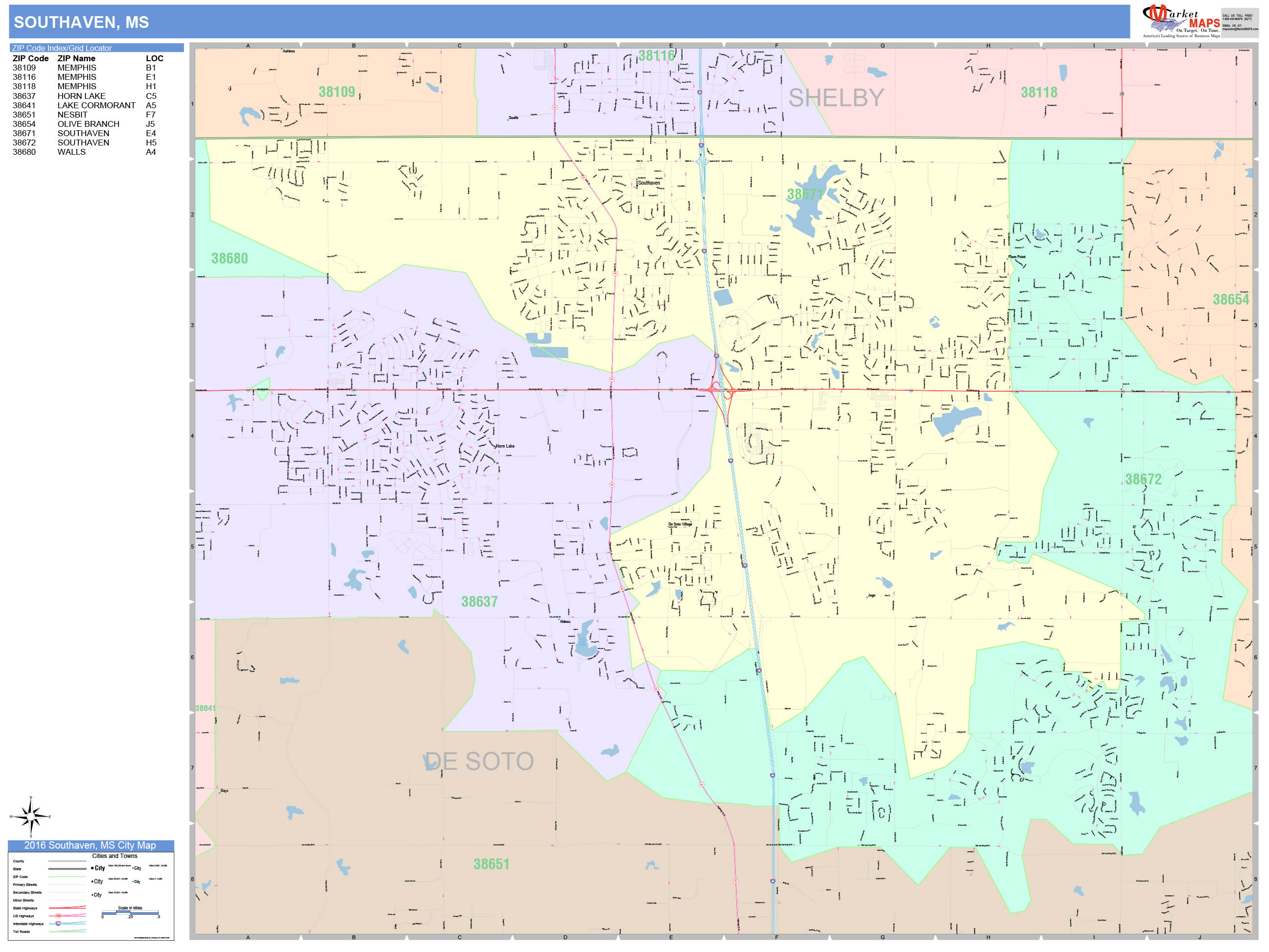 Southaven Mississippi Wall Map Color Cast Style By Marketmaps 7944