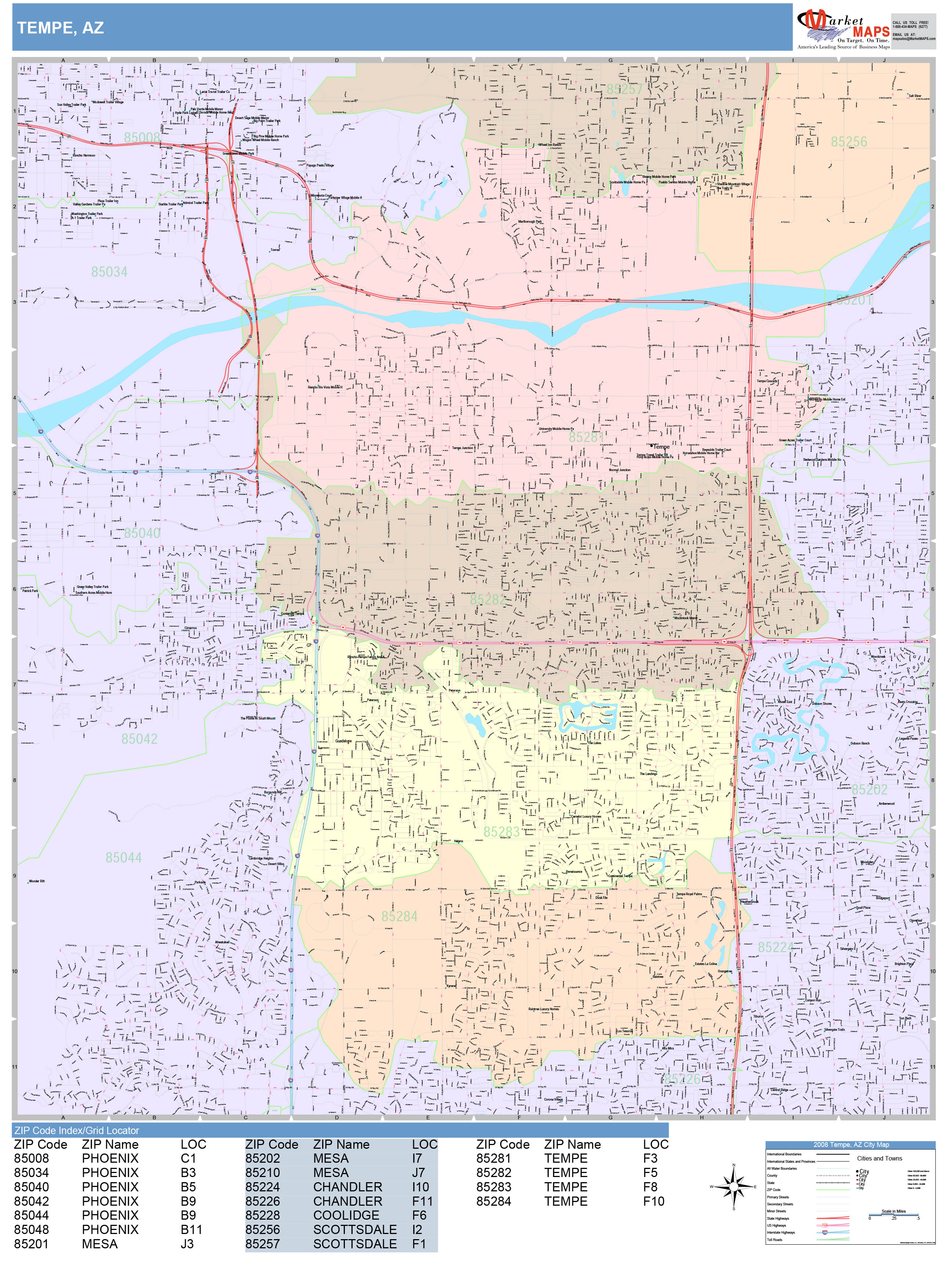 Tempe Arizona Wall Map (Color Cast Style) by MarketMAPS