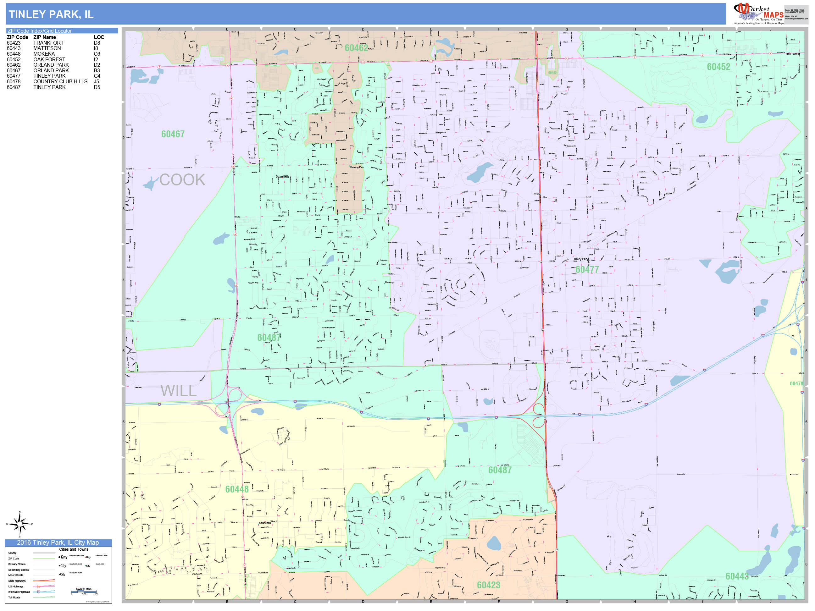 Tinley Park Illinois Wall Map (Color Cast Style) by MarketMAPS ...