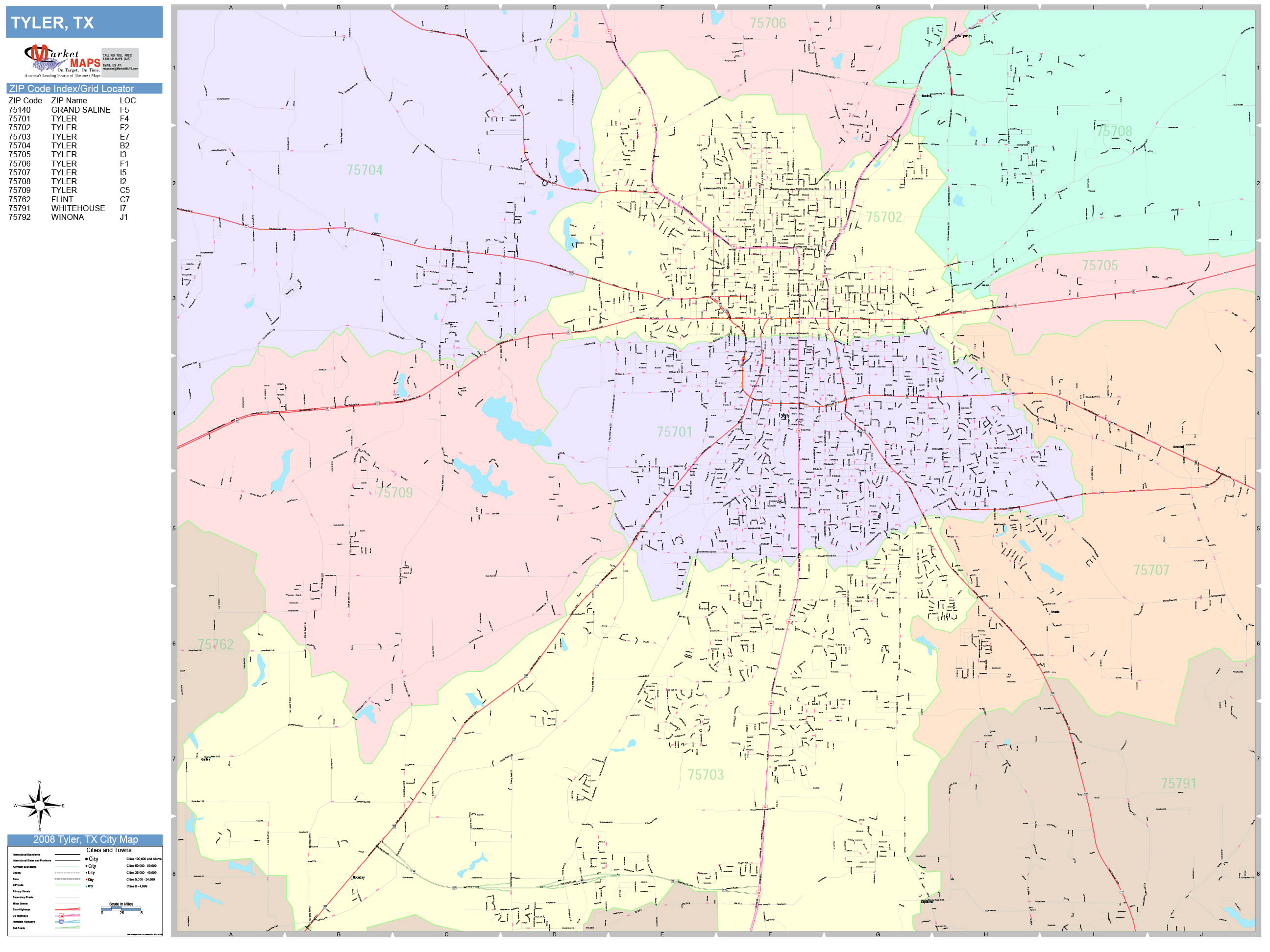 Tyler Texas Wall Map Color Cast Style By Marketmaps Mapsales 1280