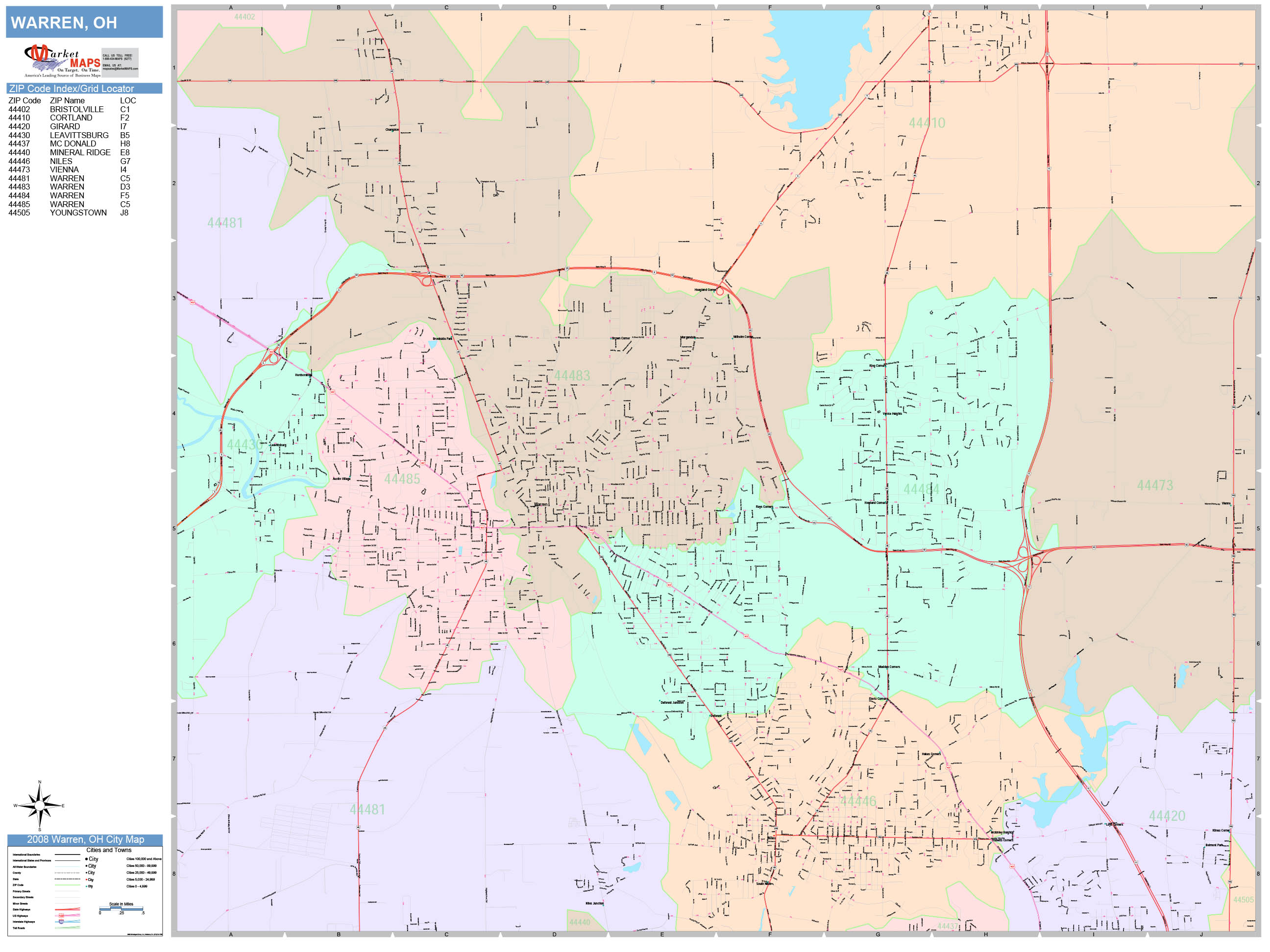 Warren Ohio Wall Map (Color Cast Style) by MarketMAPS - MapSales.com