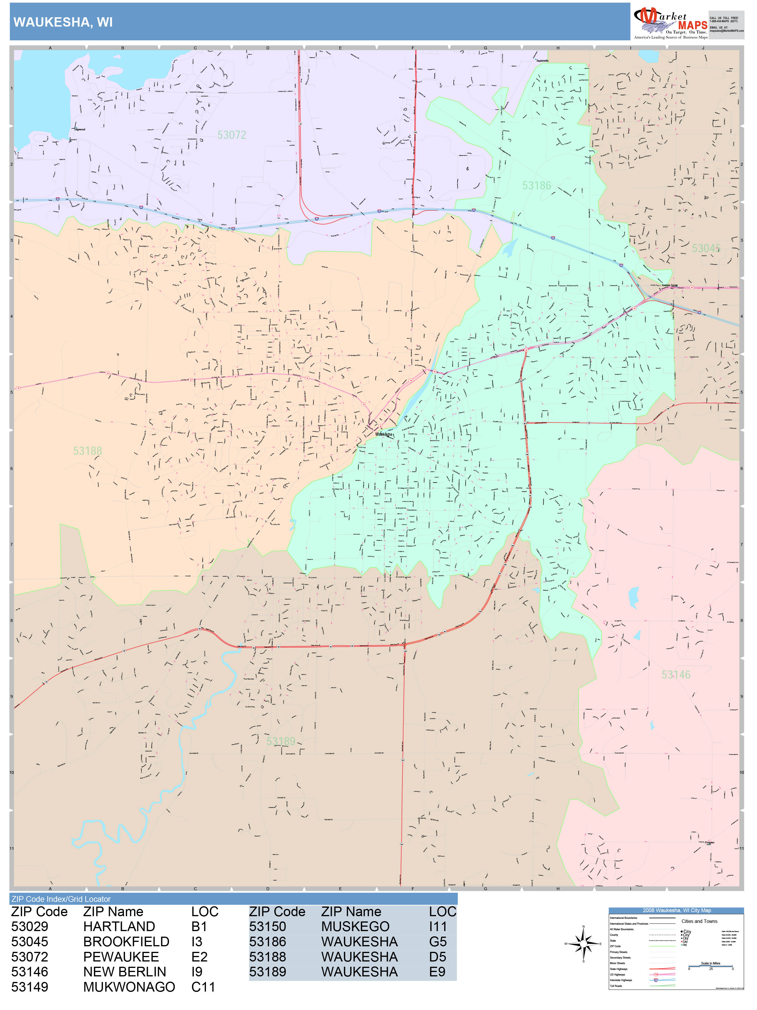 Waukesha Wisconsin Wall Map (Color Cast Style) by MarketMAPS - MapSales