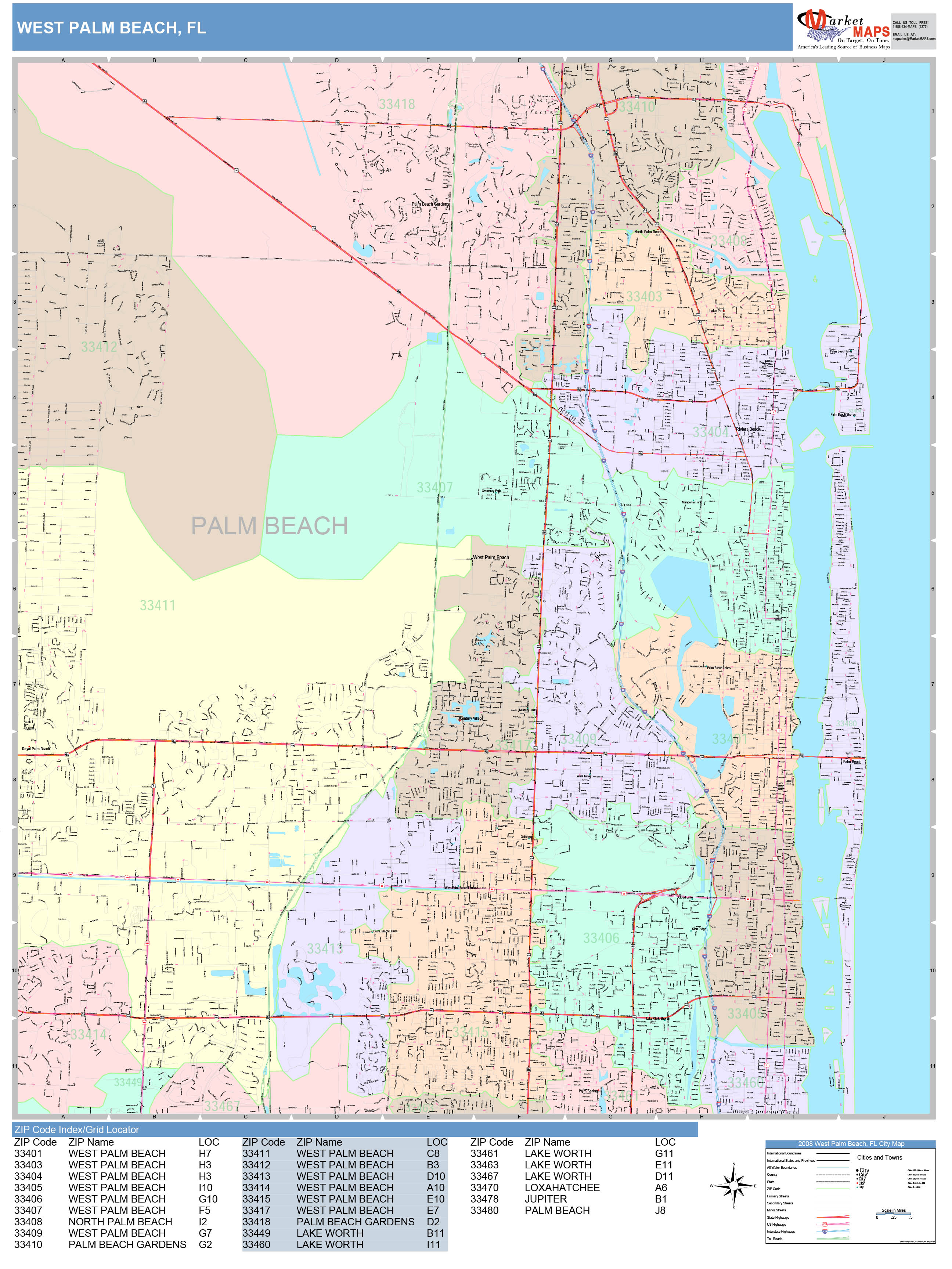 West Palm Beach Florida Wall Map (Color Cast Style) by MarketMAPS ...