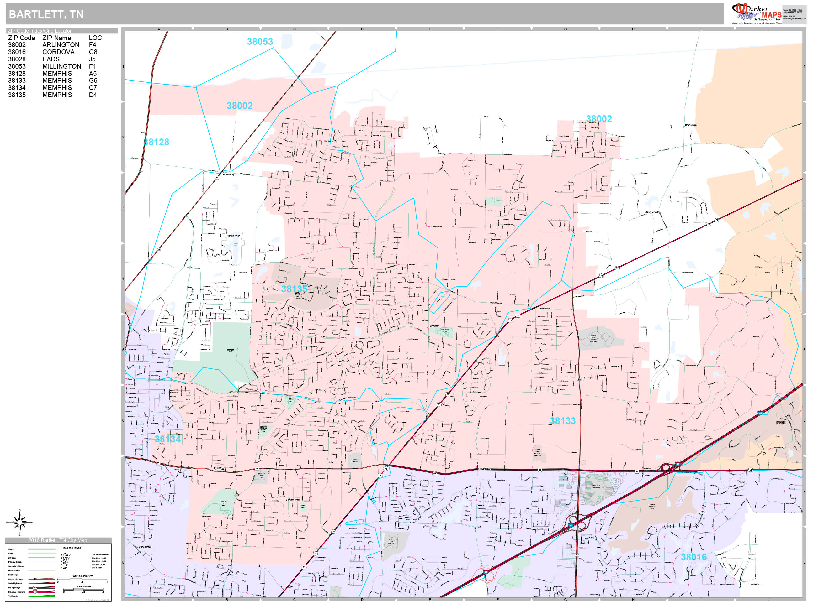 Bartlett Tennessee Wall Map (Premium Style) by MarketMAPS - MapSales.com