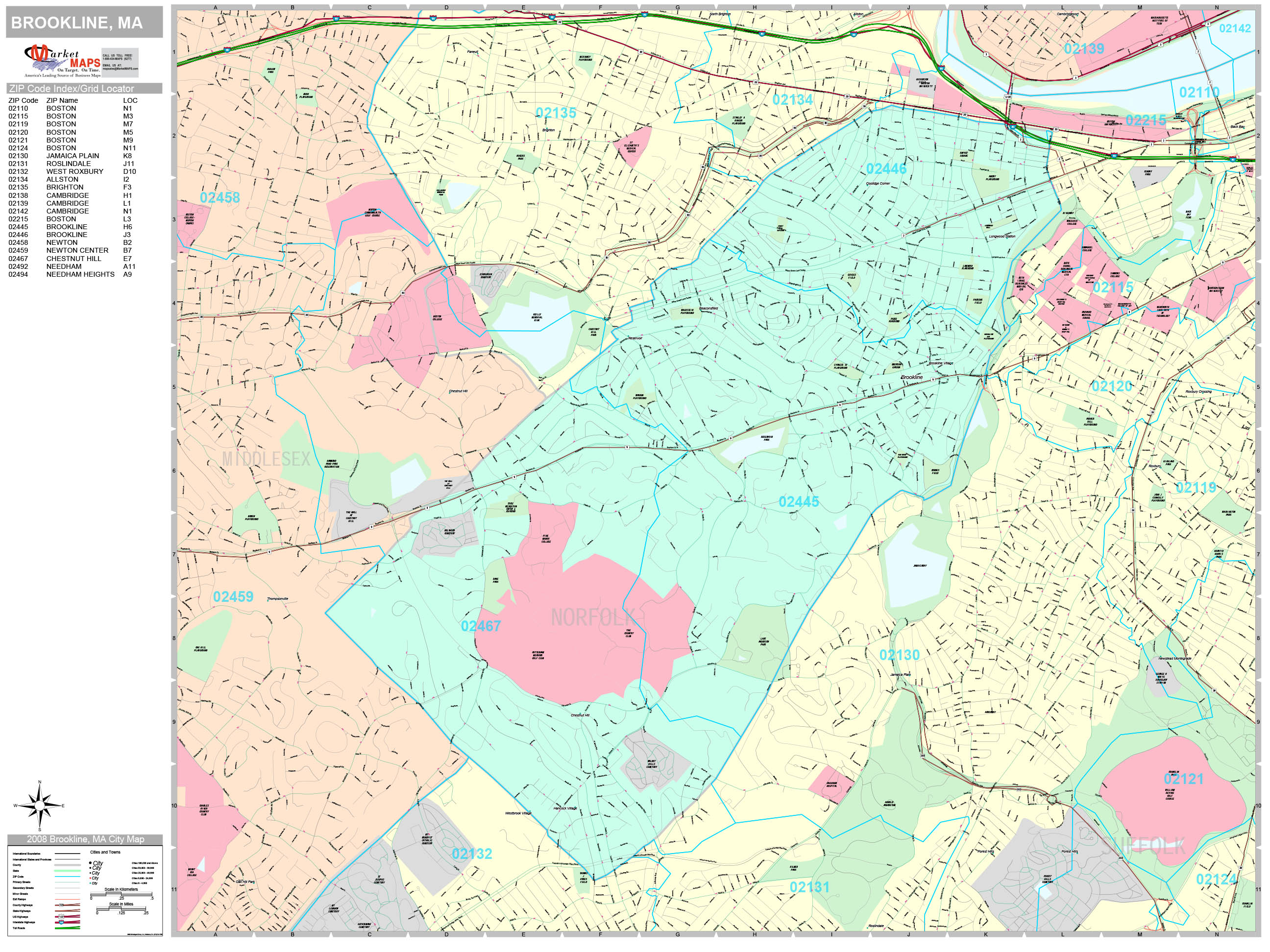 Brookline Massachusetts Wall Map (Premium Style) By MarketMAPS - MapSales