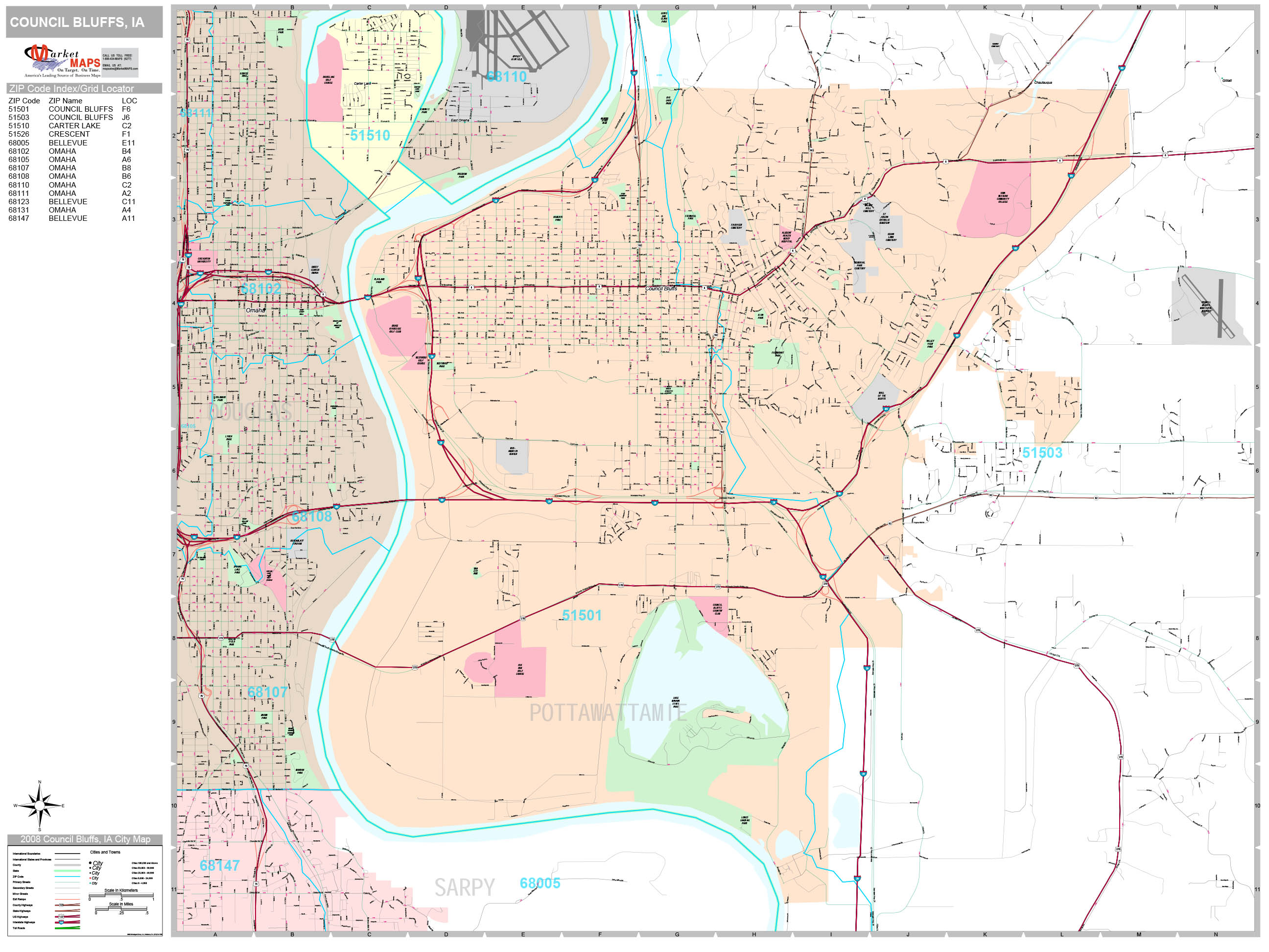 Council Bluffs Iowa Wall Map (Premium Style) by MarketMAPS