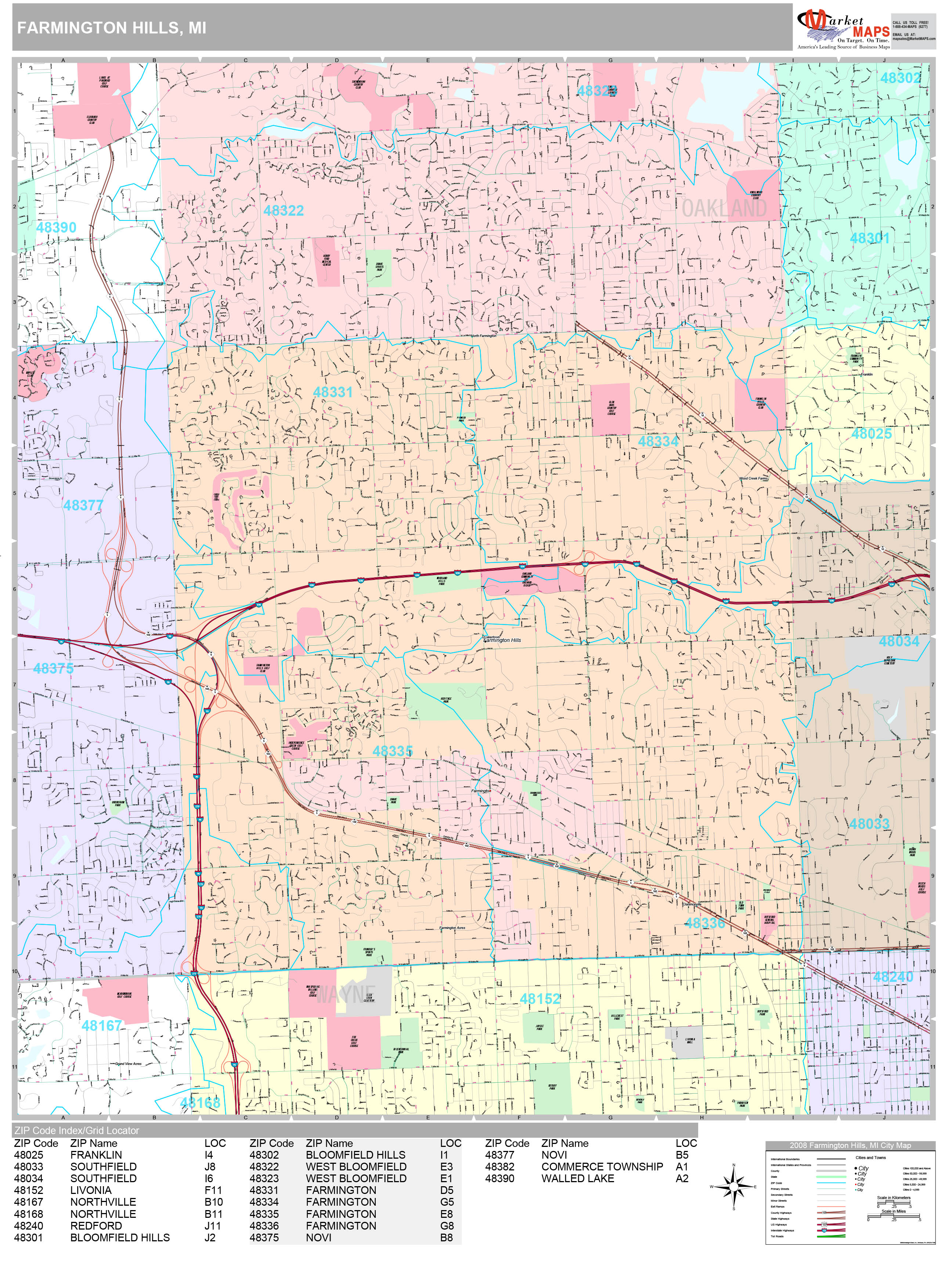 Farmington Hills Michigan Wall Map (Premium Style) by MarketMAPS