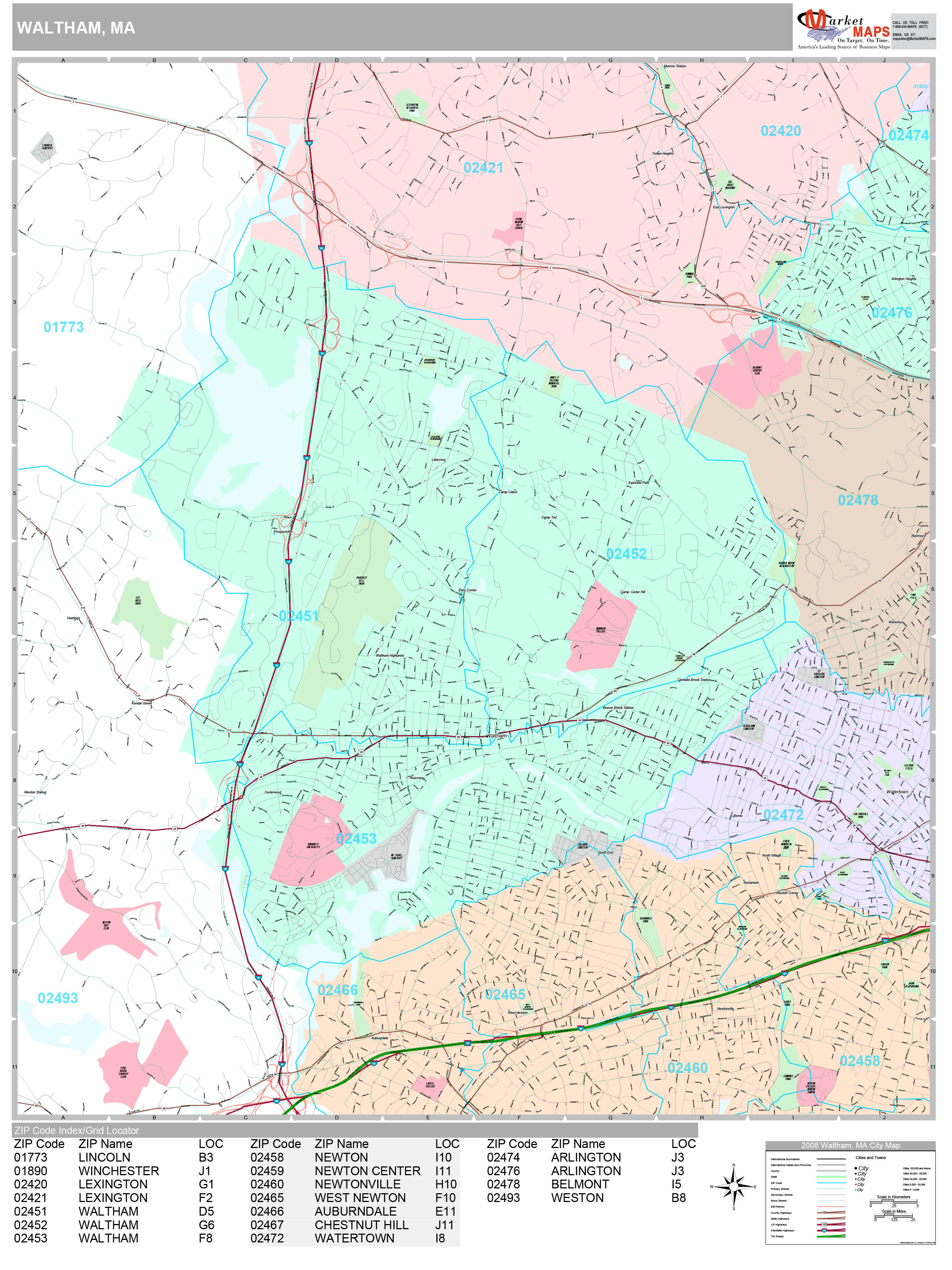 Waltham Massachusetts Wall Map (Premium Style) by MarketMAPS - MapSales.com