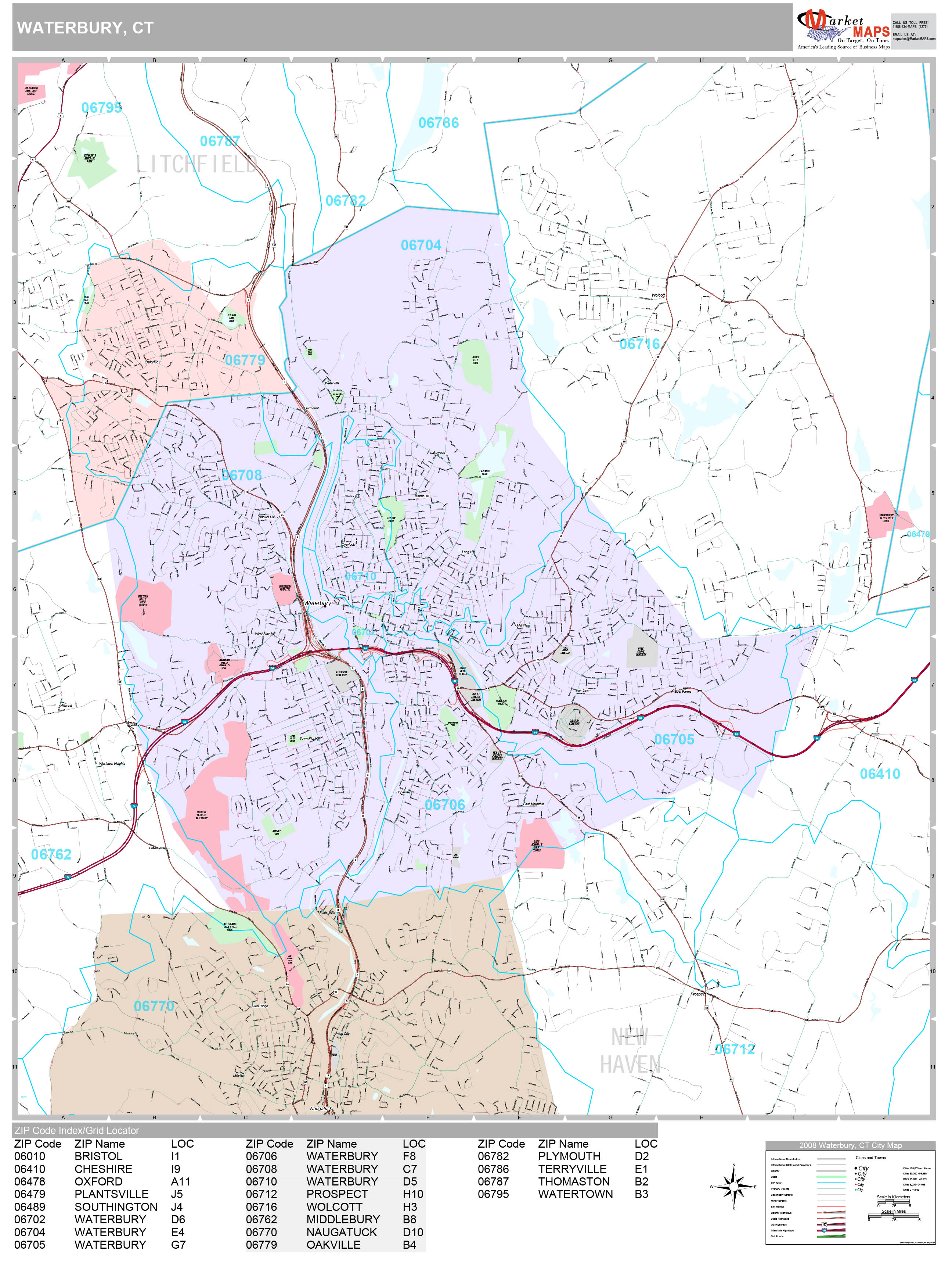 Waterbury Connecticut Wall Map (Premium Style) by MarketMAPS