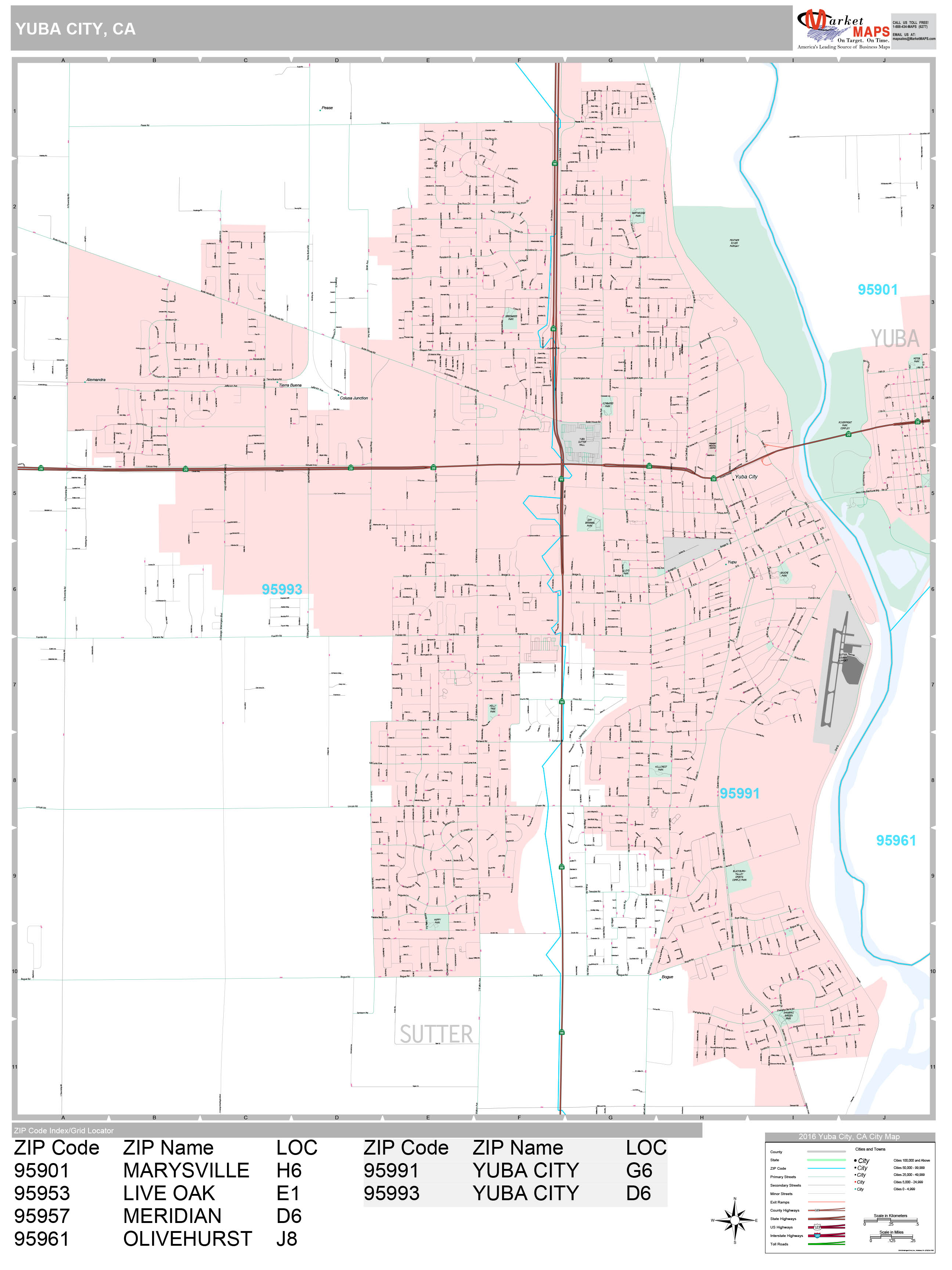 Yuba City California Wall Map (Premium Style) by MarketMAPS