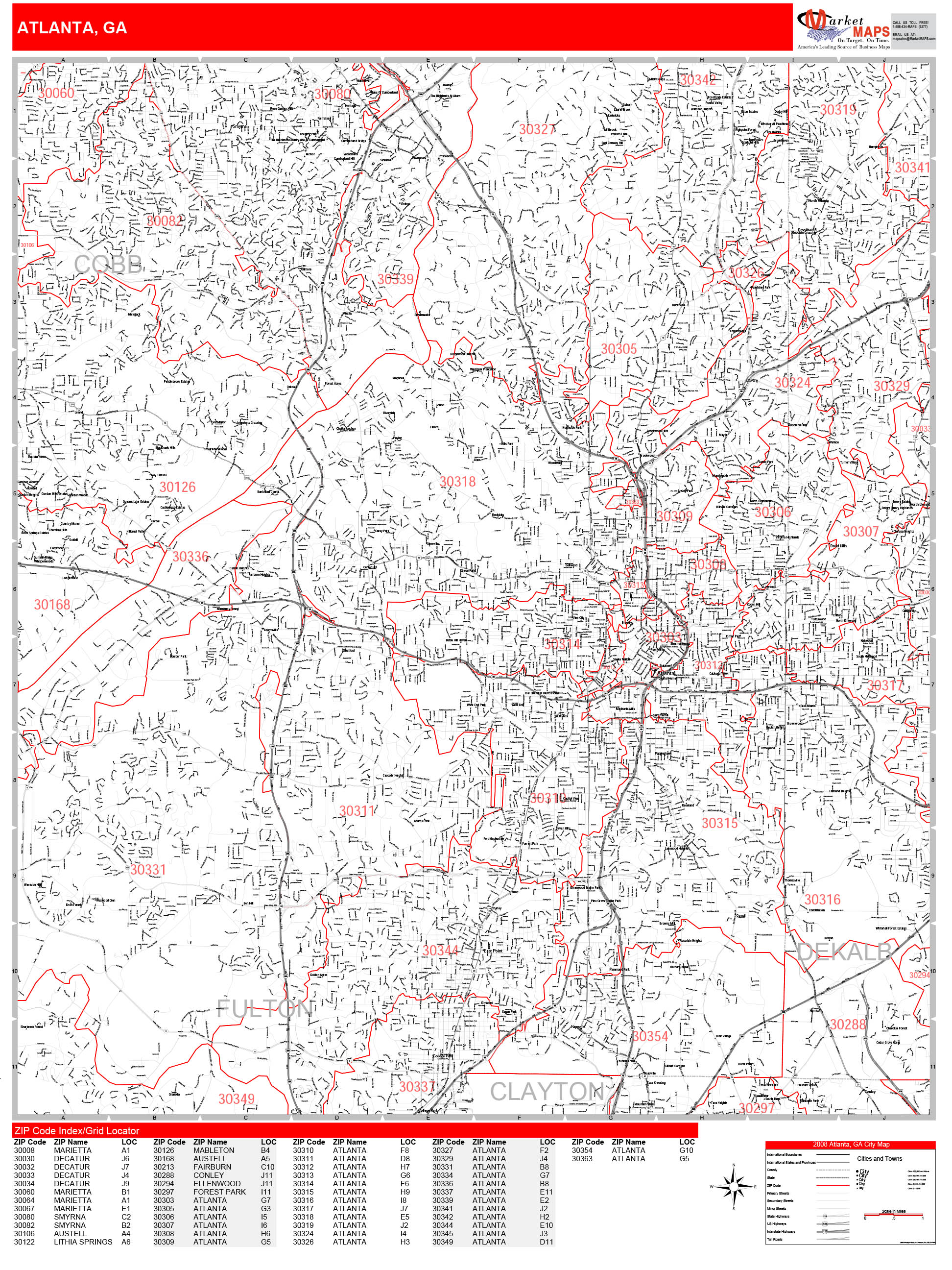 Atlanta Georgia Zip Code Wall Map (Red Line Style) by MarketMAPS - MapSales