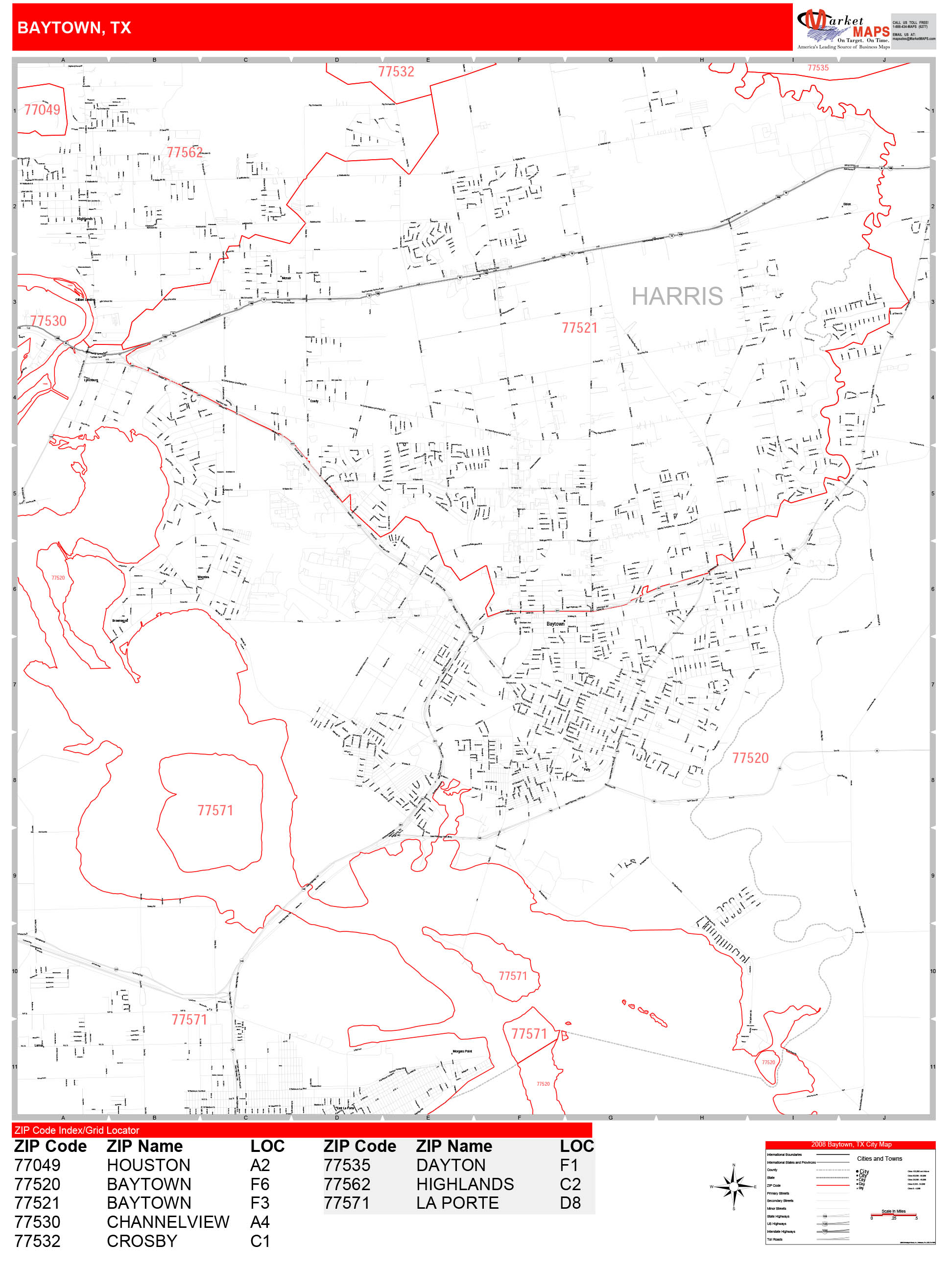 Baytown Texas Zip Code Wall Map (Red Line Style) by MarketMAPS