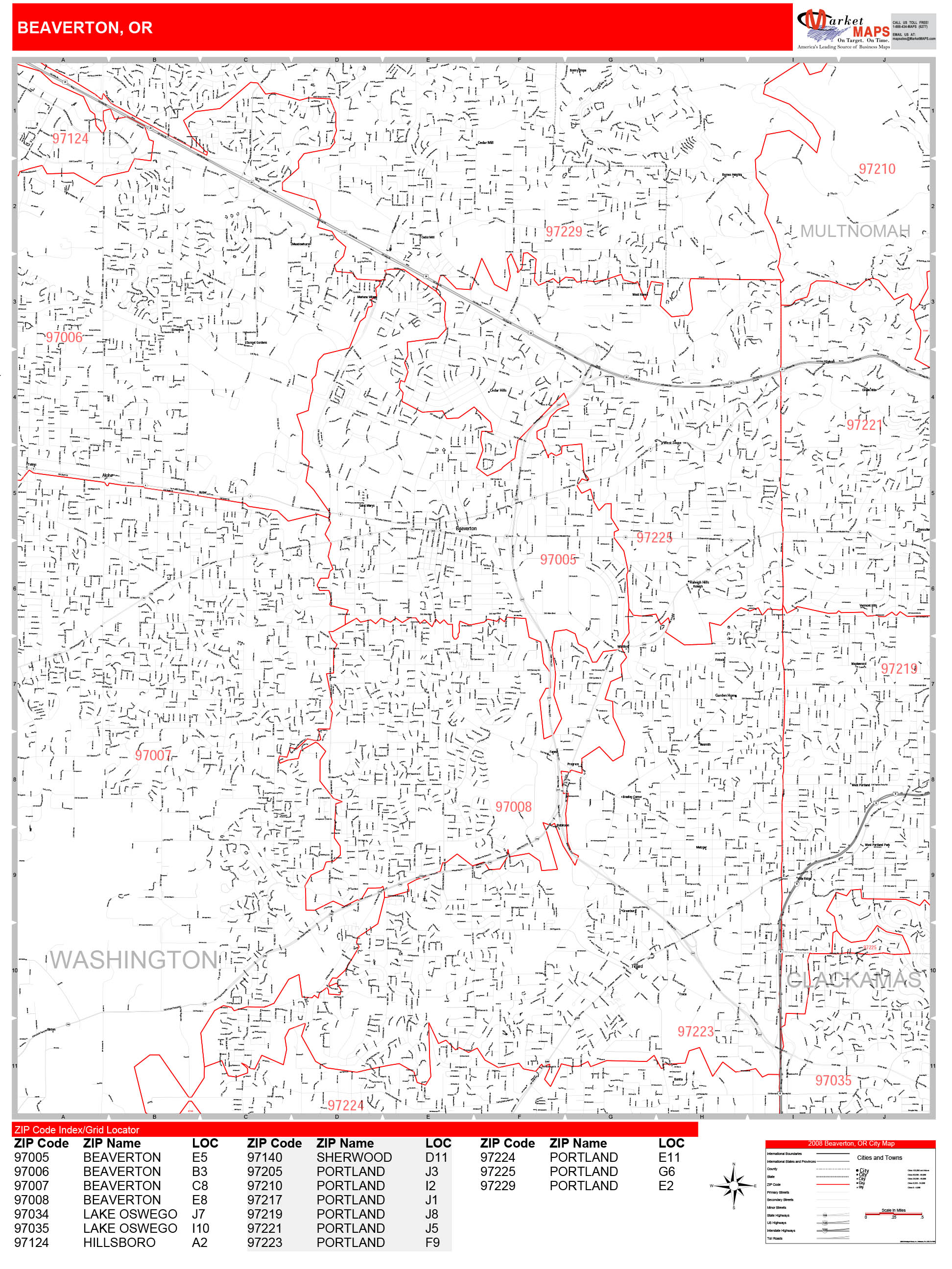 Beaverton Oregon Zip Code Wall Map (Red Line Style) by MarketMAPS